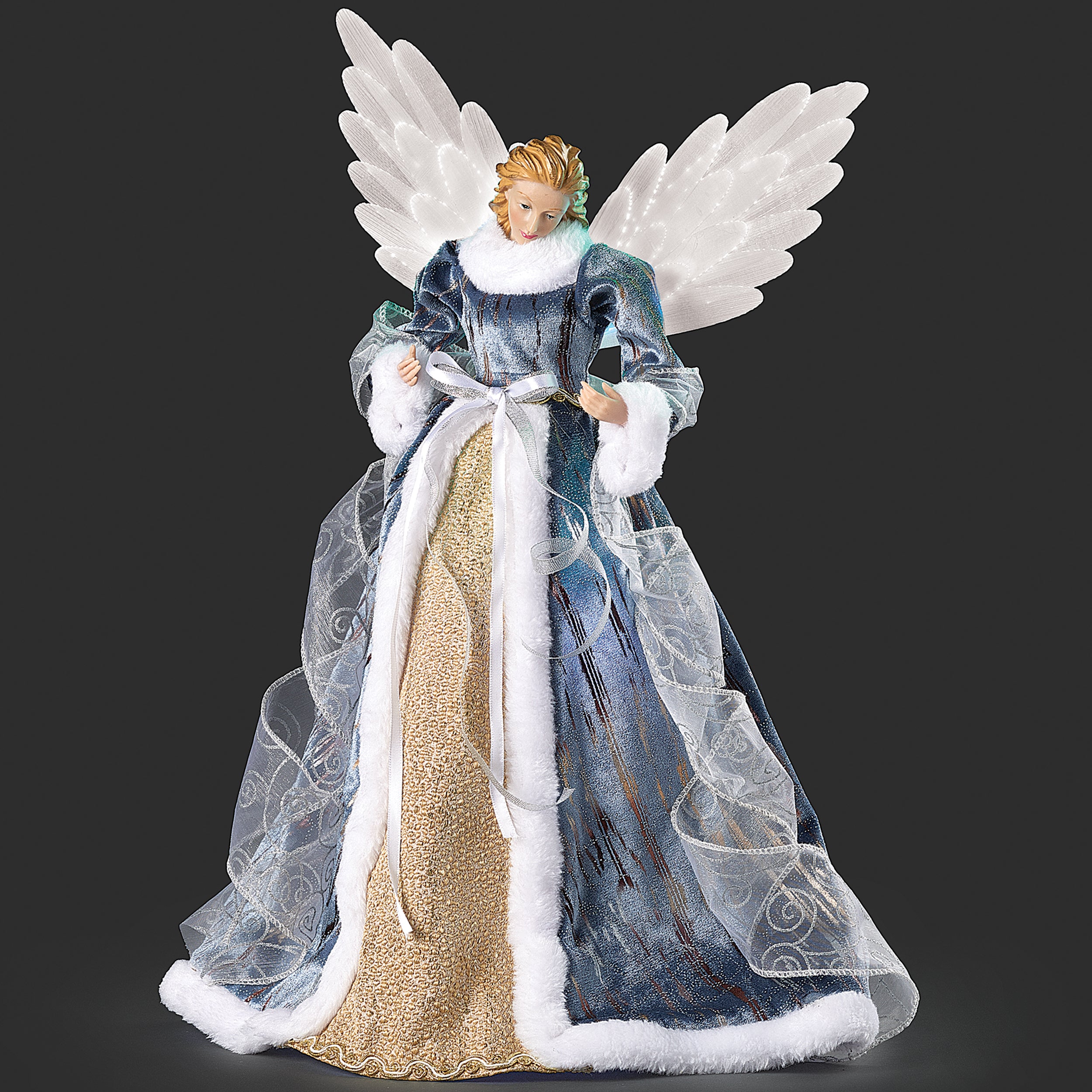 Lighted Angel Treetopper in Blue Gown with Fiber Optic Wings