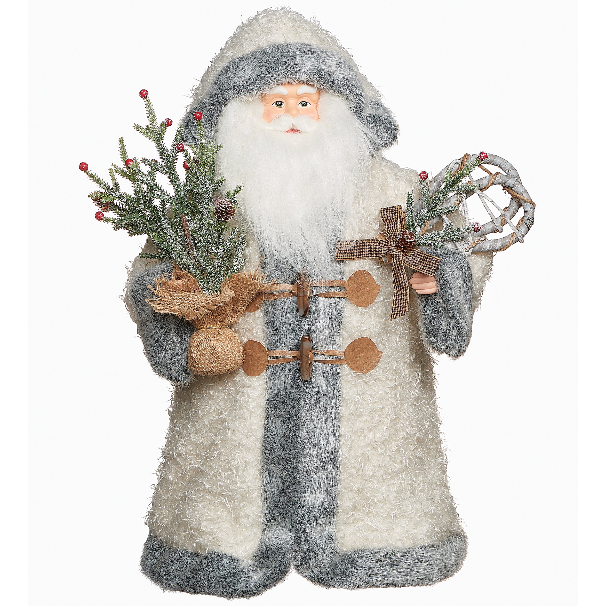 White Santa Treetopper with Snowshoes, Tree & Grey Fur