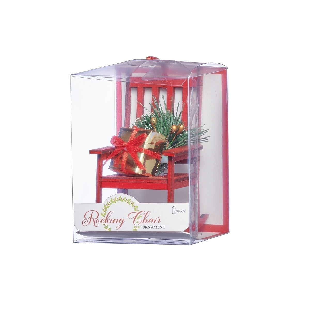 Red rocking chair ornament displayed in a clear-front gift box with red trim.