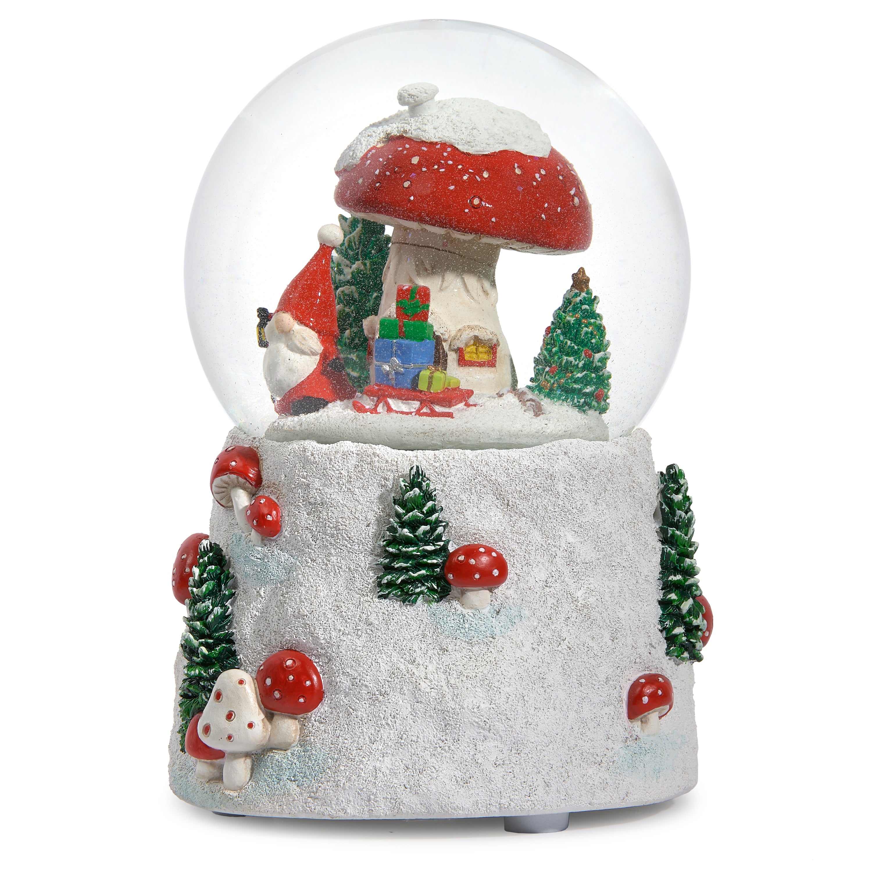 Christmas-themed snow globe with Gnome Santa Claus, trees, and a mushroom on a white background