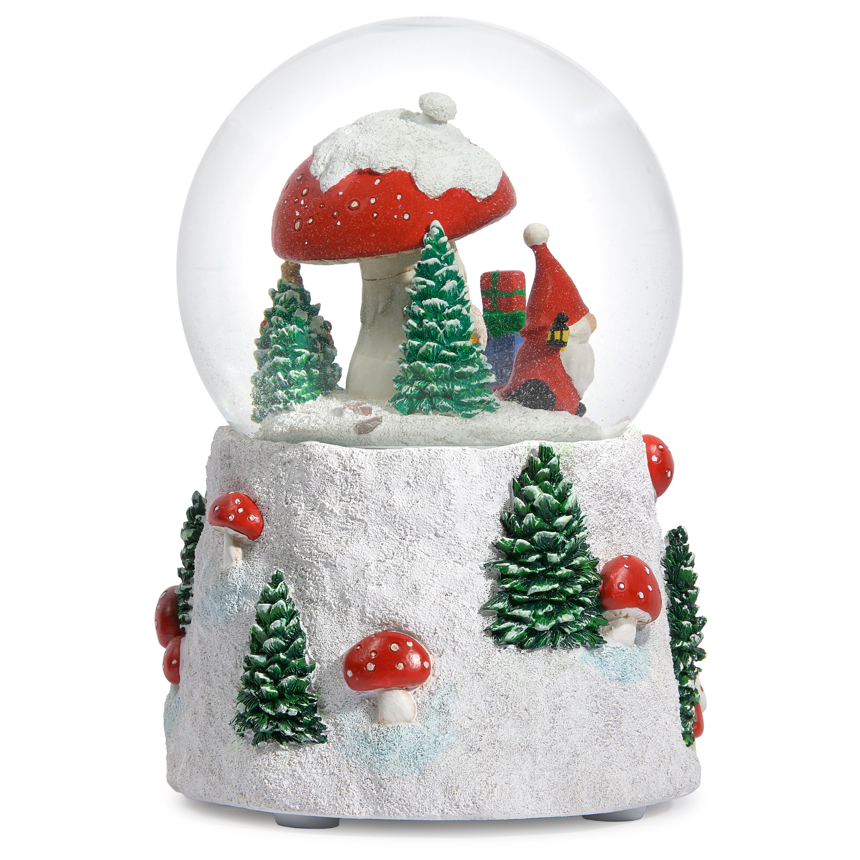 Christmas-themed snow globe with Gnome Santa Claus, trees, and a mushroom on a white background