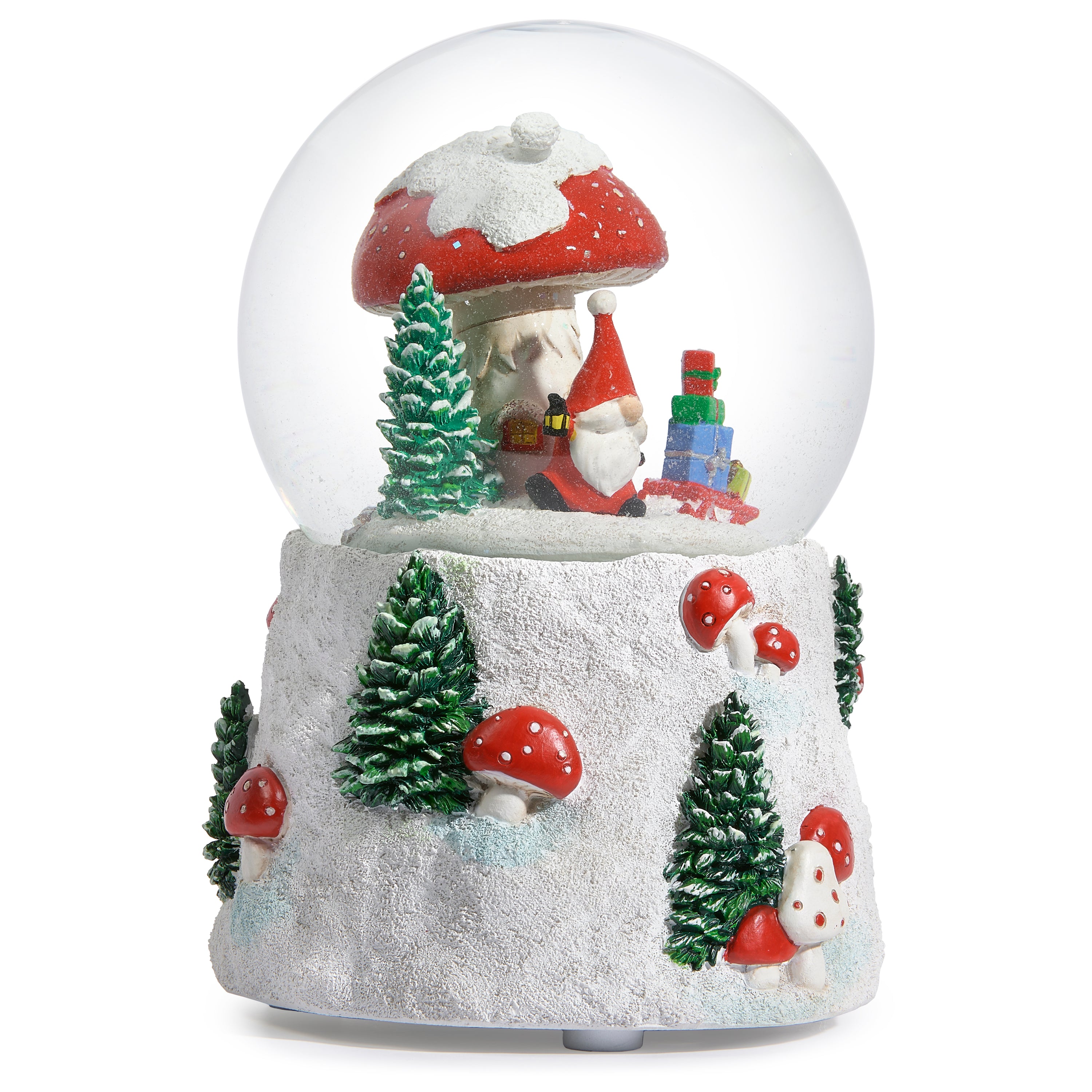 Christmas-themed snow globe with a gnome, trees, and mushrooms on a white background