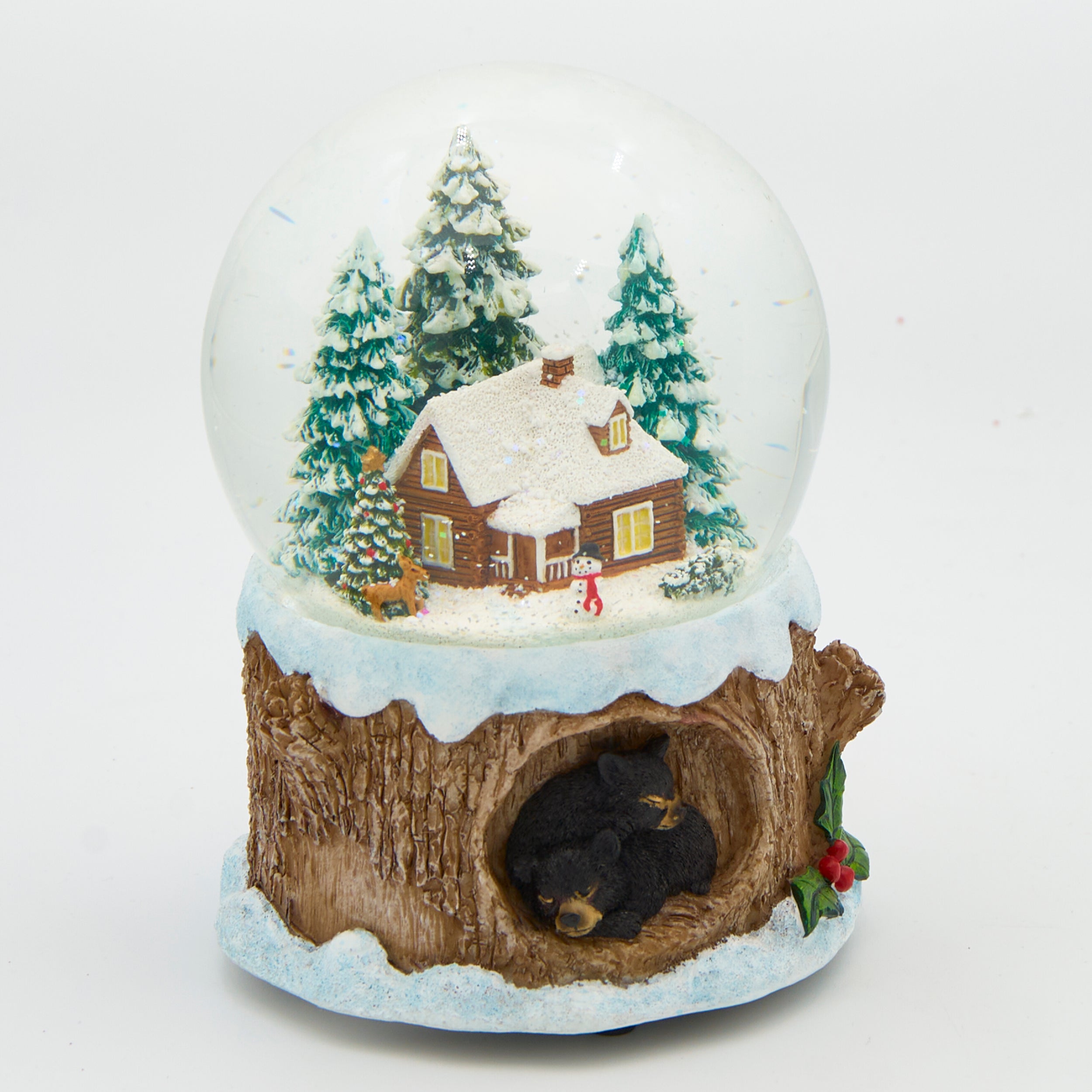 Glitterdome Musical Cabin with Black Bear Base – "Silent Night" Tune