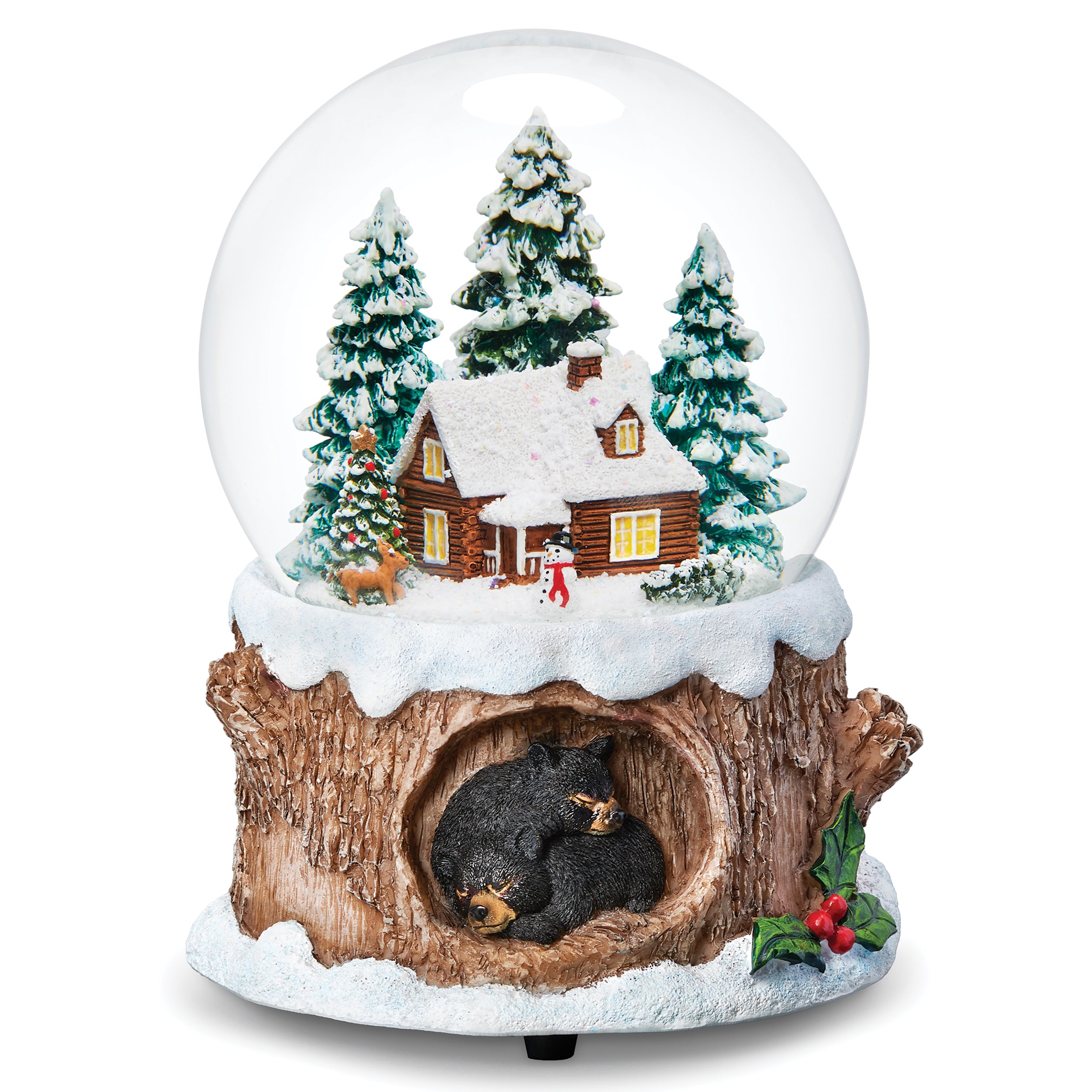 Glitterdome Musical Cabin with Black Bear Base – "Silent Night" Tune