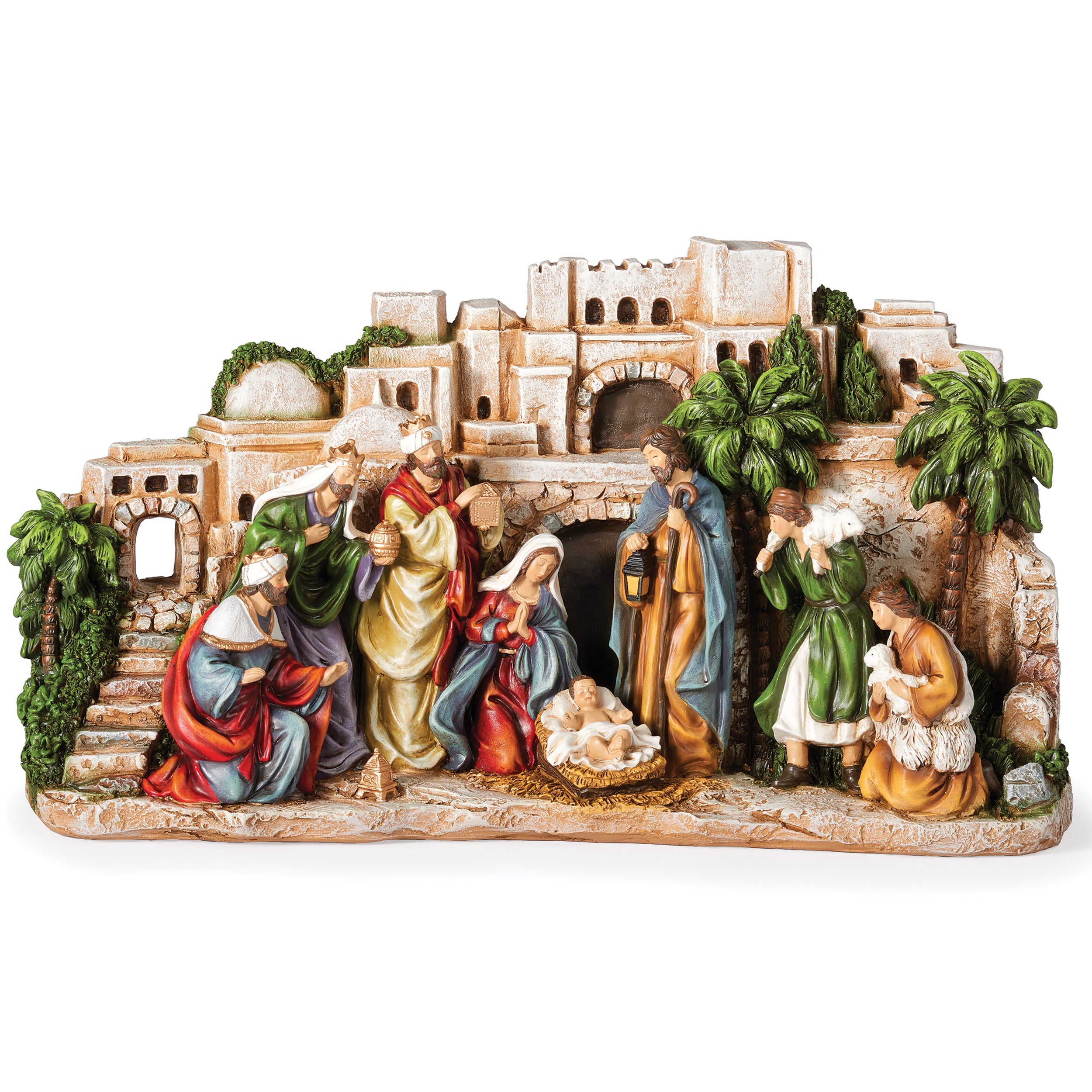 Nativity scene figurine with characters and a stable on a white background