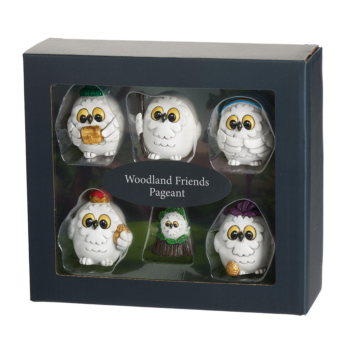 Snow Owl 6-Piece Nativity Set displayed inside its black presentation box