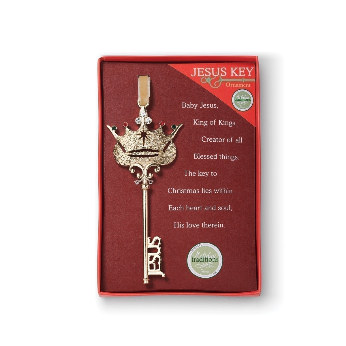 Jesus key ornament mounted on a red display card with a printed Christmas message.