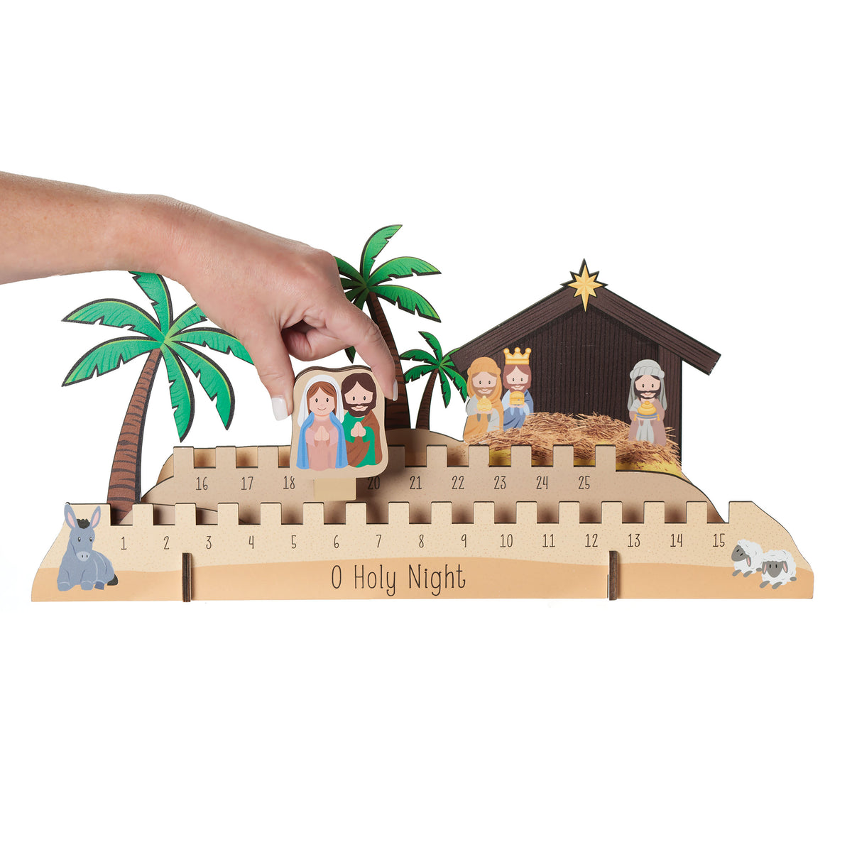 Close-up of O' Holy Night Advent Calendar showing the movable Holy Family slider along the wooden countdown display