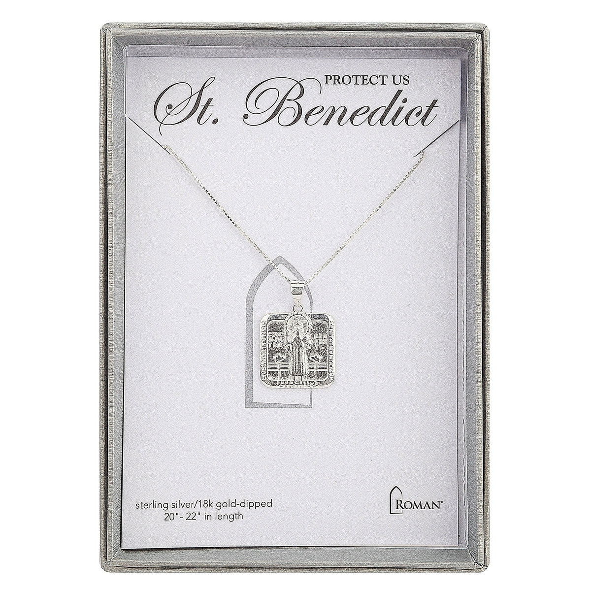 Silver St. Benedict pendant necklace in gift-ready packaging
