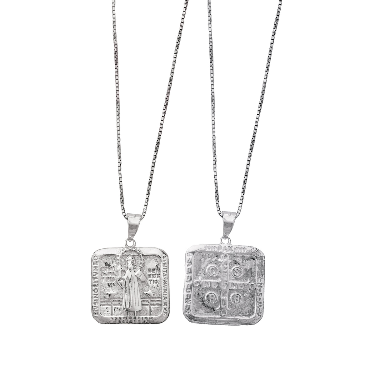Silver St. Benedict pendant necklace with square medal and box chain
