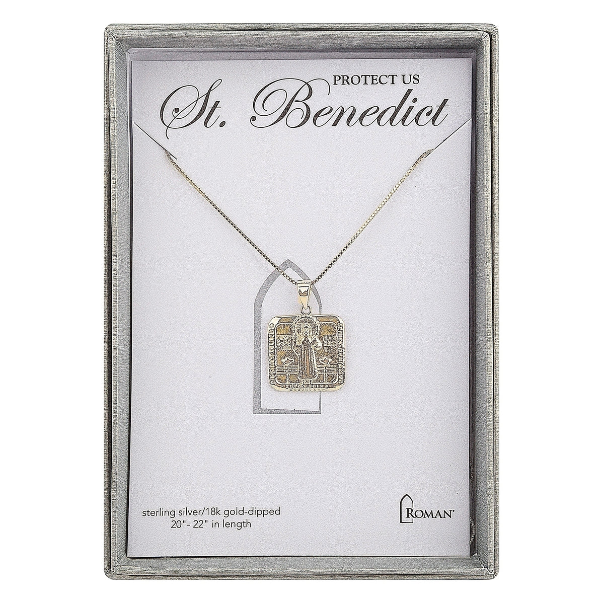 Gold St. Benedict pendant necklace in gift-ready packaging