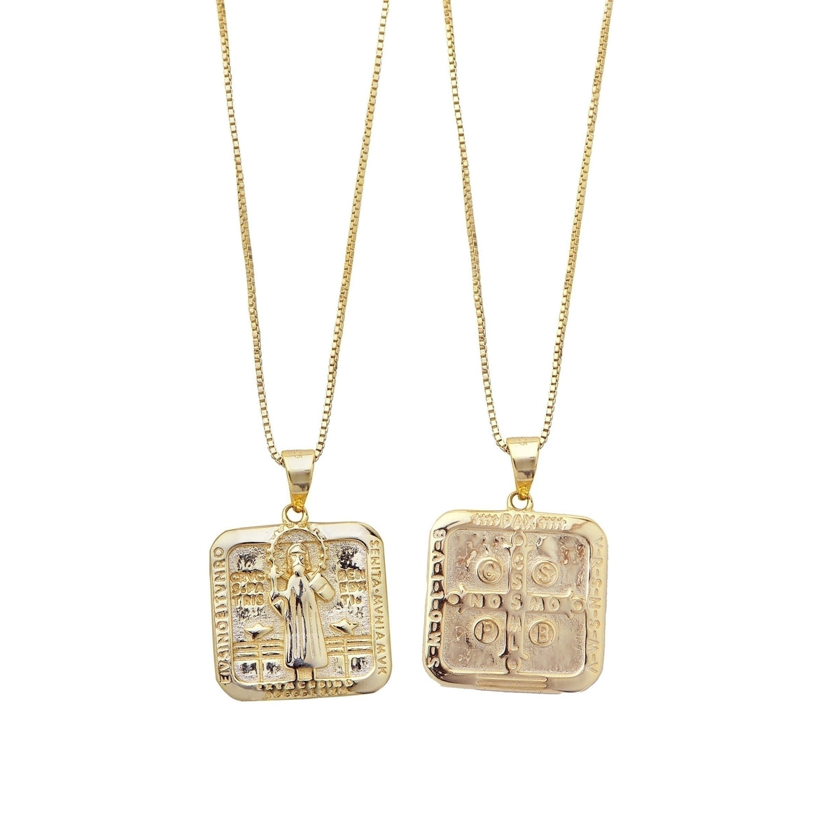 Gold St. Benedict pendant necklace front and back views with box chain