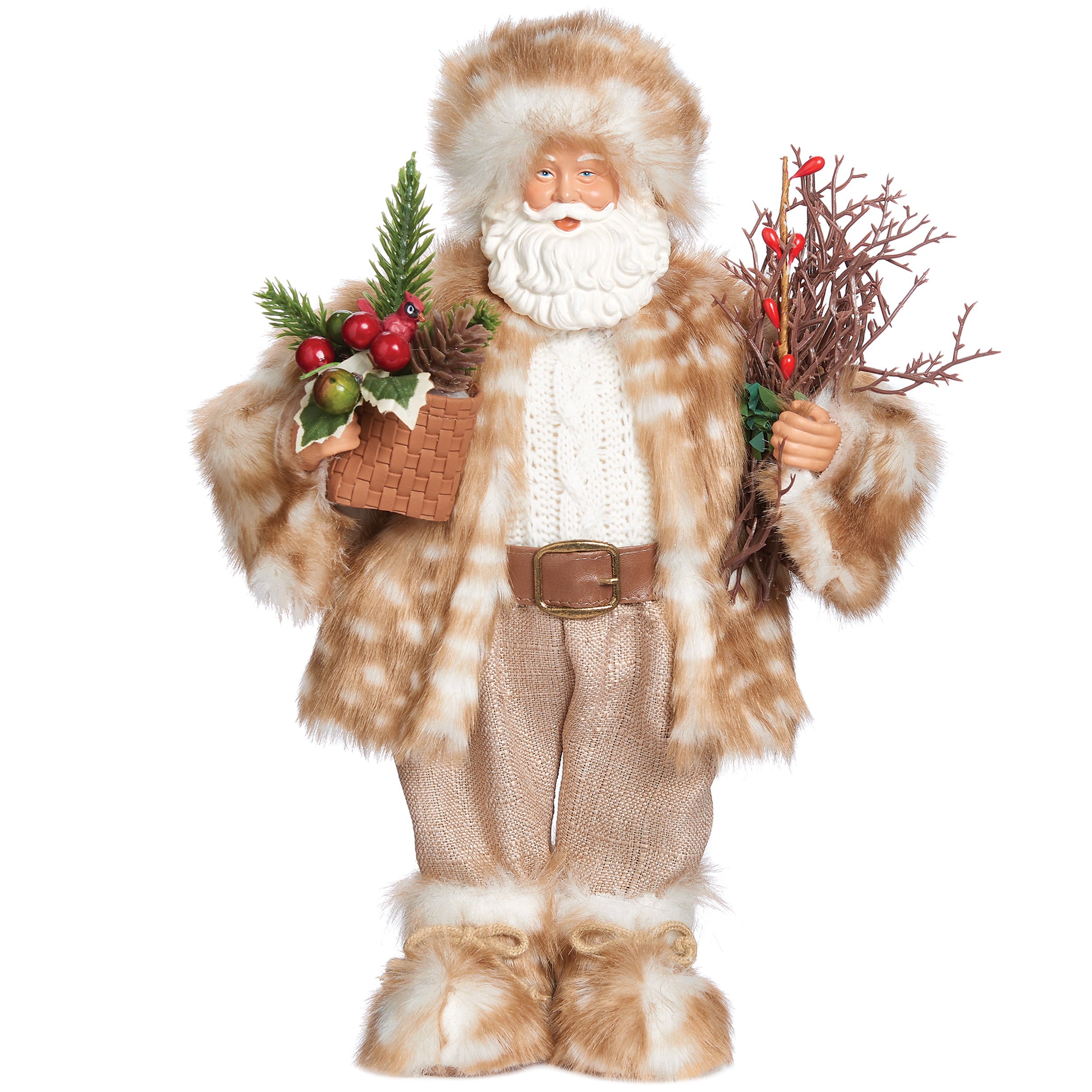Santa in Fur Coat Figure with Berry Basket & Fur Boots