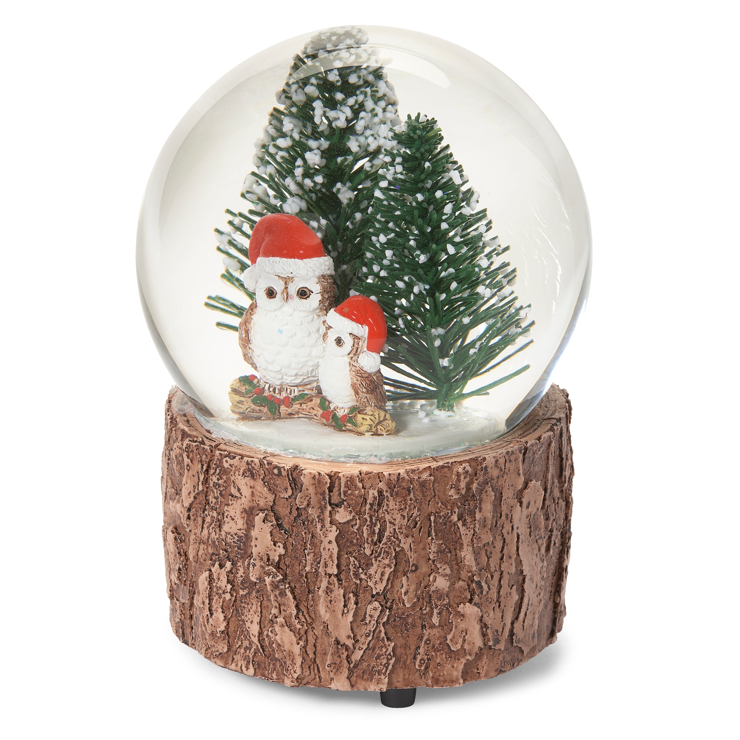 Christmas-themed snow globe with owls wearing Santa hats on a wooden base.