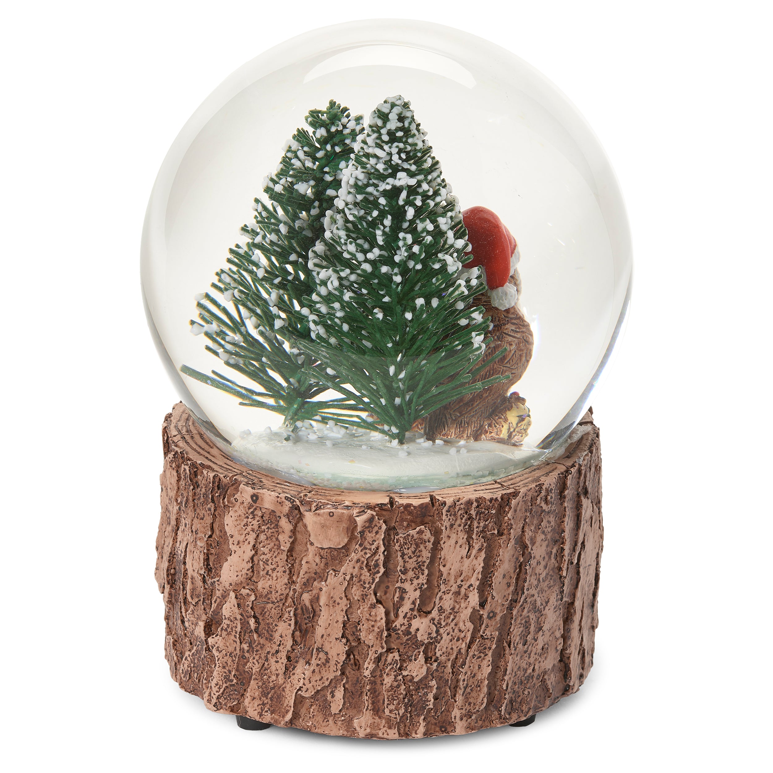 Christmas-themed snow globe with owls wearing Santa hats on a wooden base.