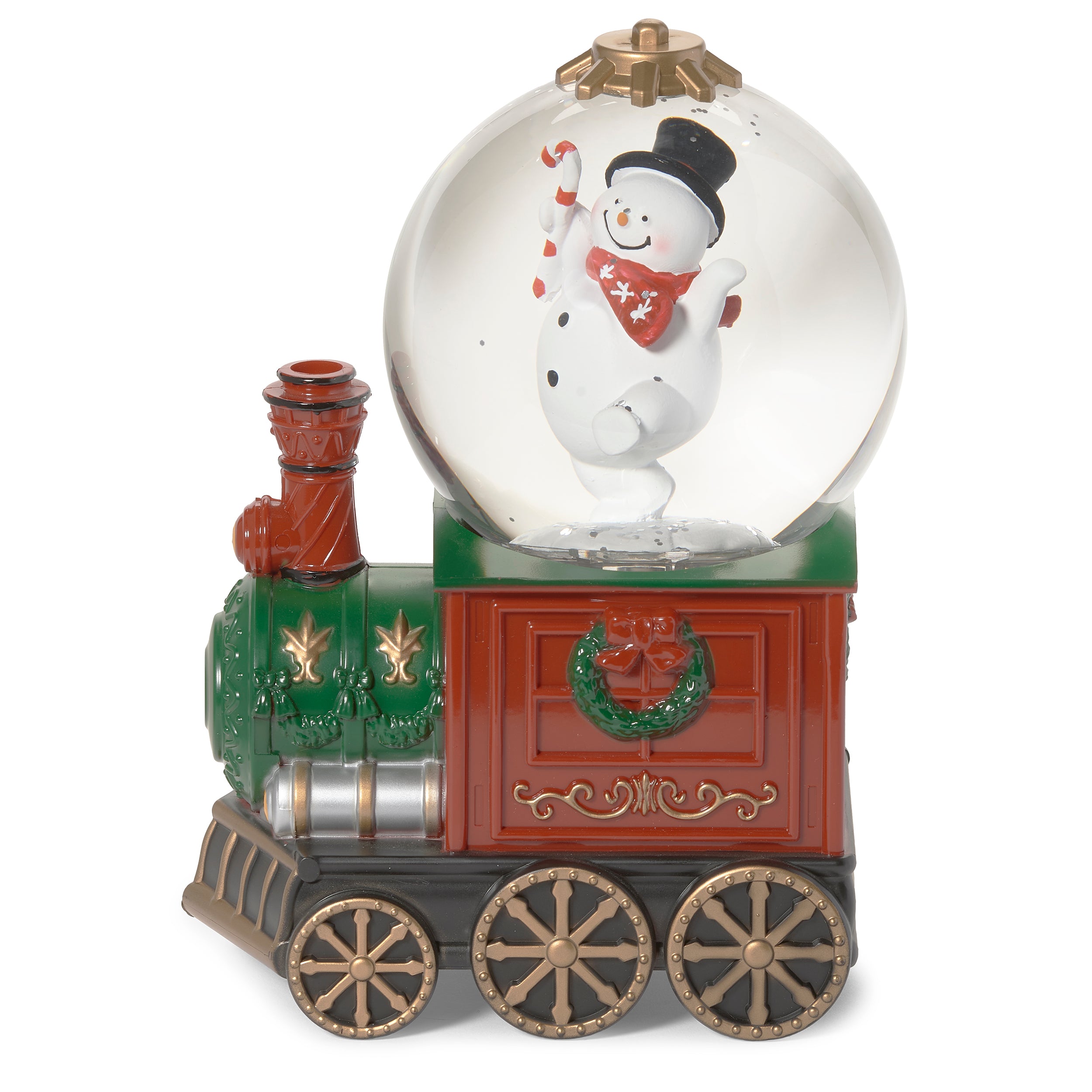 Decorative snow globe with a train design on a white background