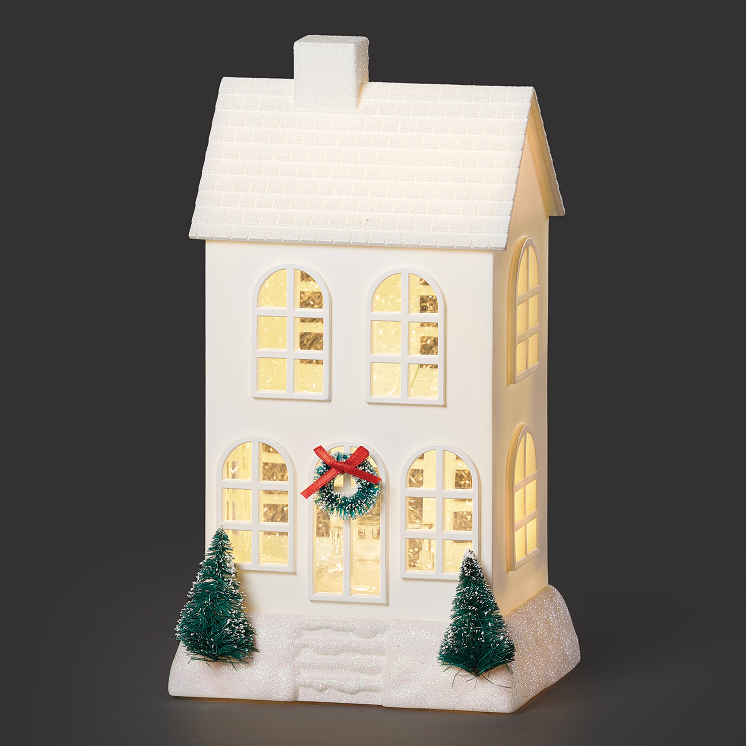 Confetti Lites Lighted Swirl White Two-Story House with Wreath & Trees