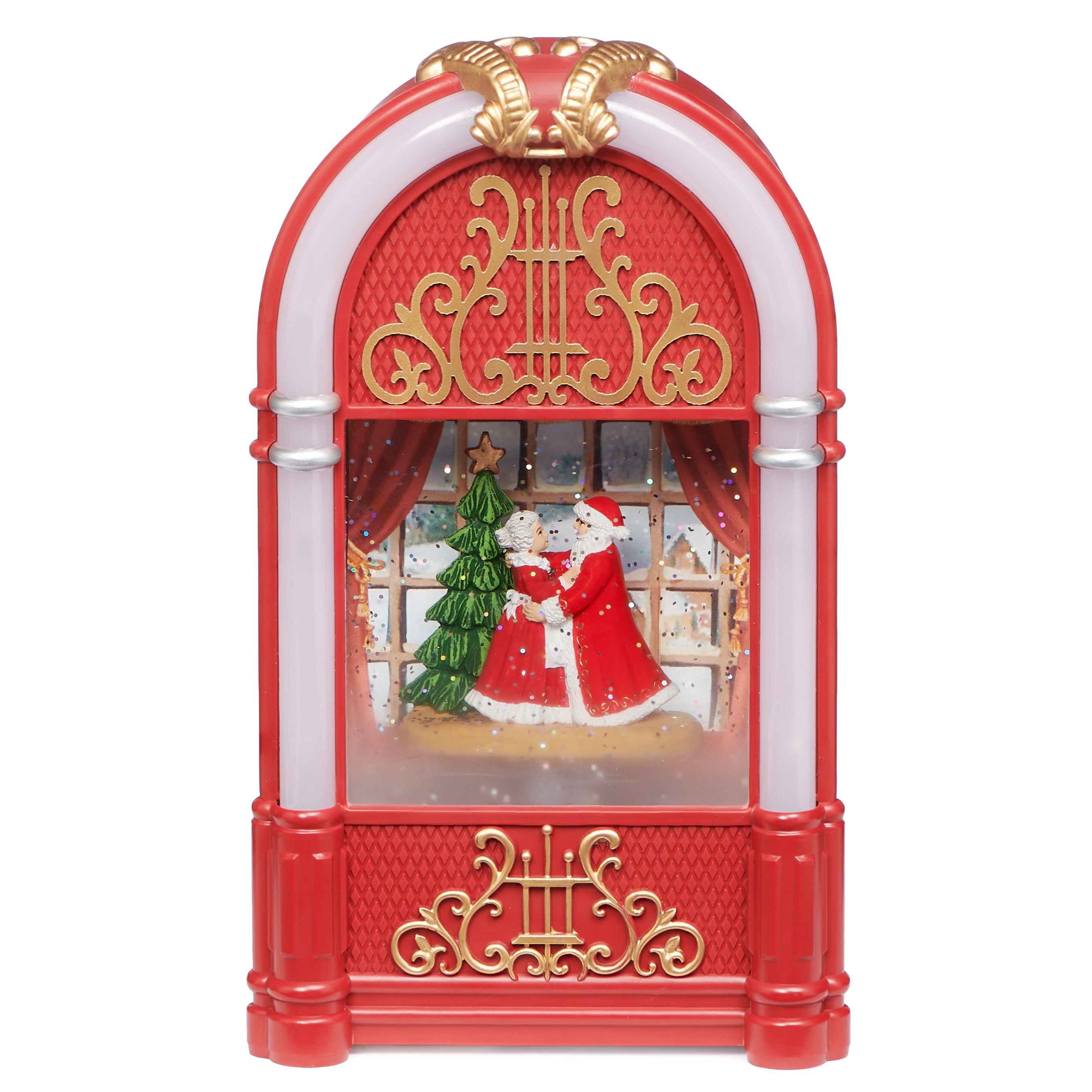 Decorative Christmas scene with Santa Claus and a tree inside a red and gold ornate box on a white background.