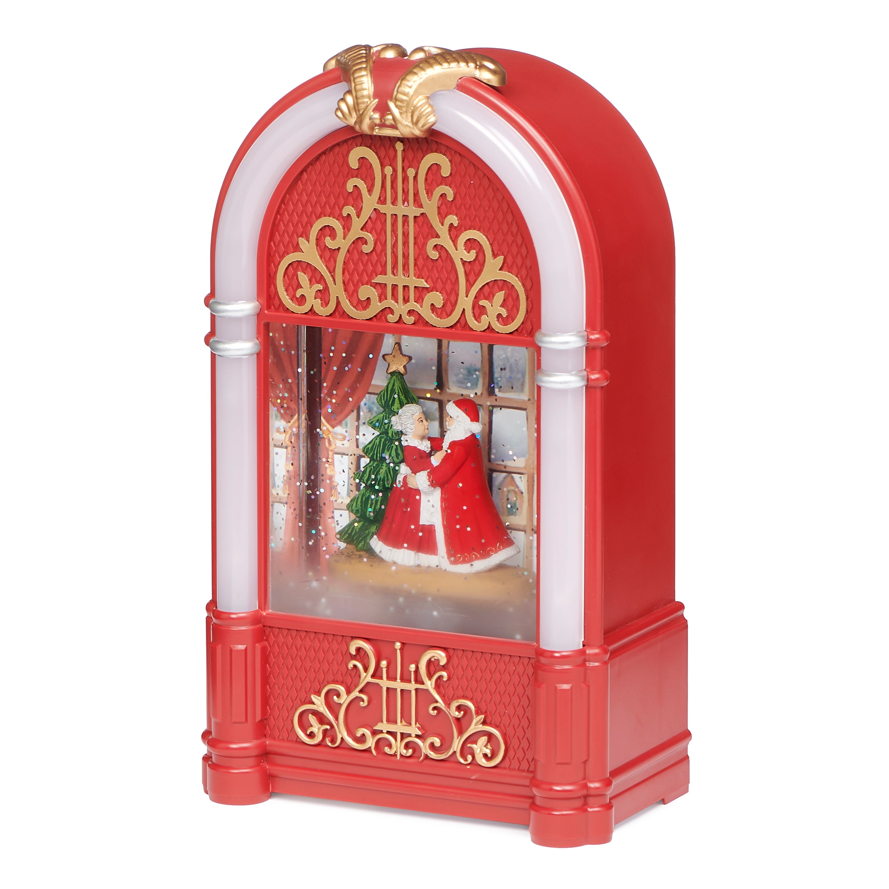 Decorative Christmas scene with Santa Claus and a tree inside a red and gold ornate box on a white background.