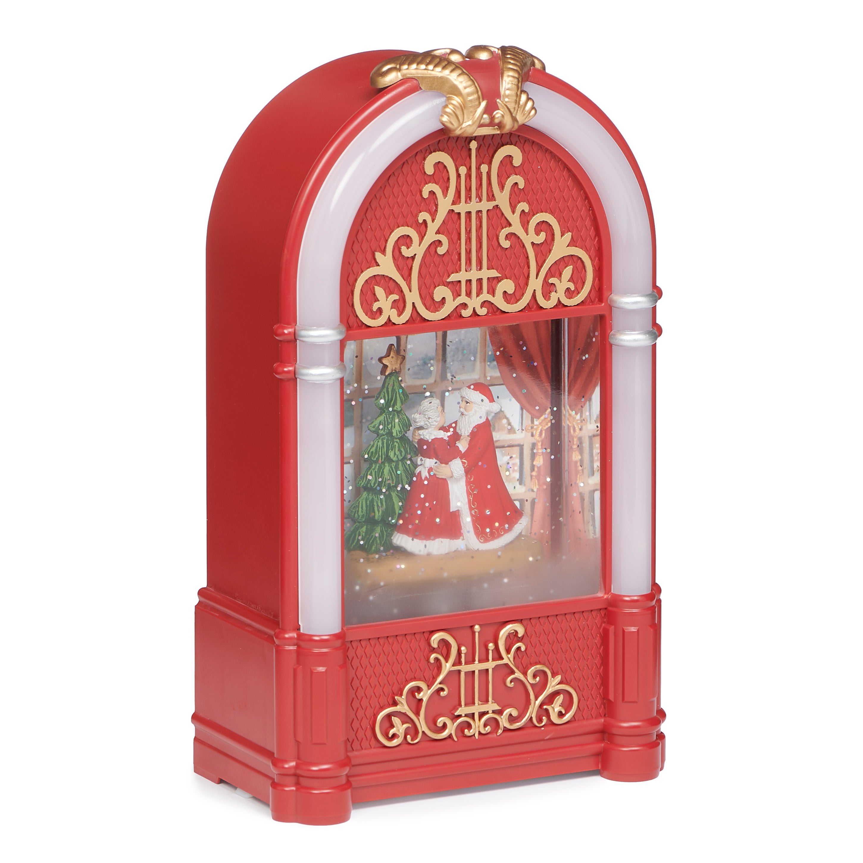 Decorative Christmas scene with Santa Claus and a tree inside a red and gold ornate box on a white background.