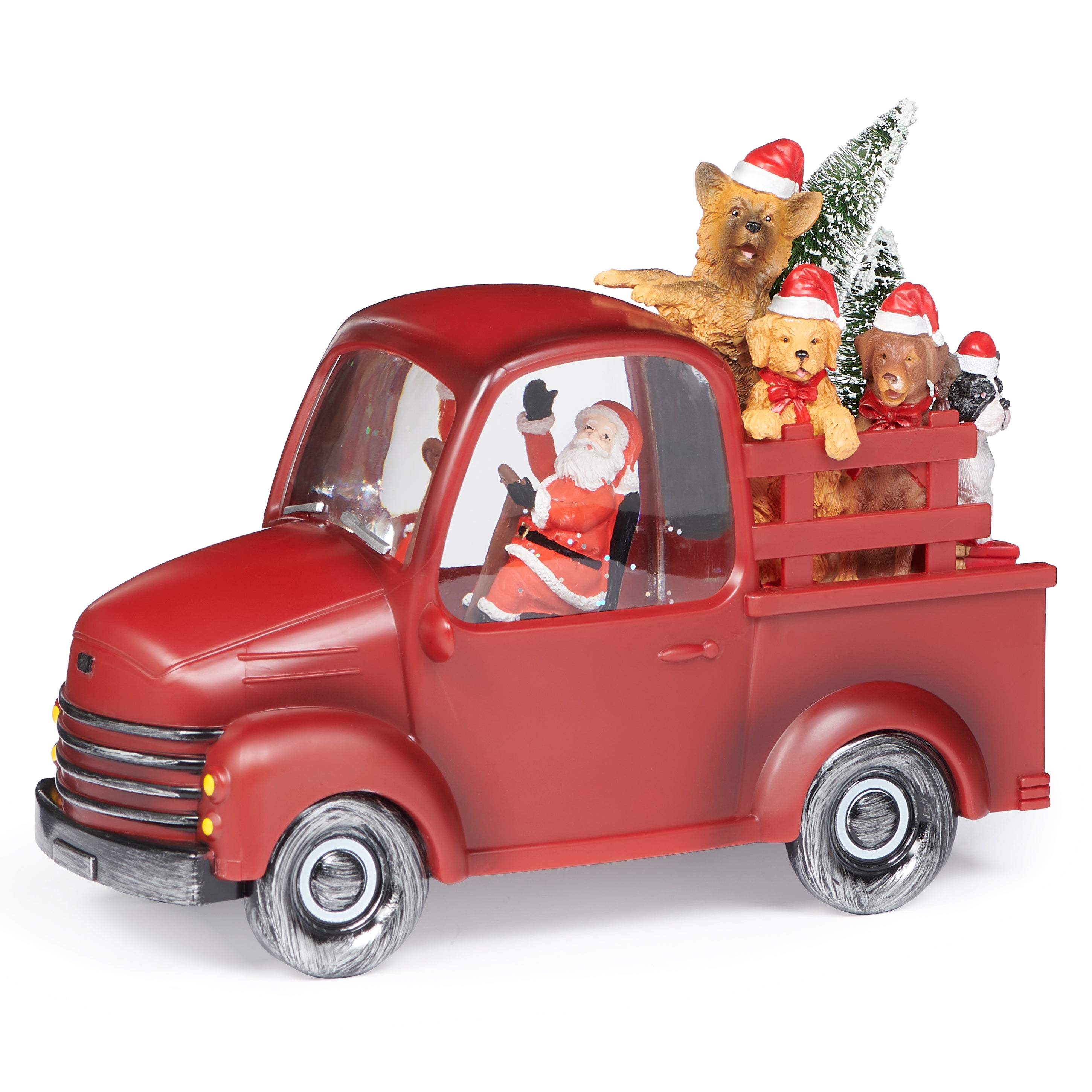 Decorative Christmas scene with Santa Claus in a red truck, surrounded by festive animals.