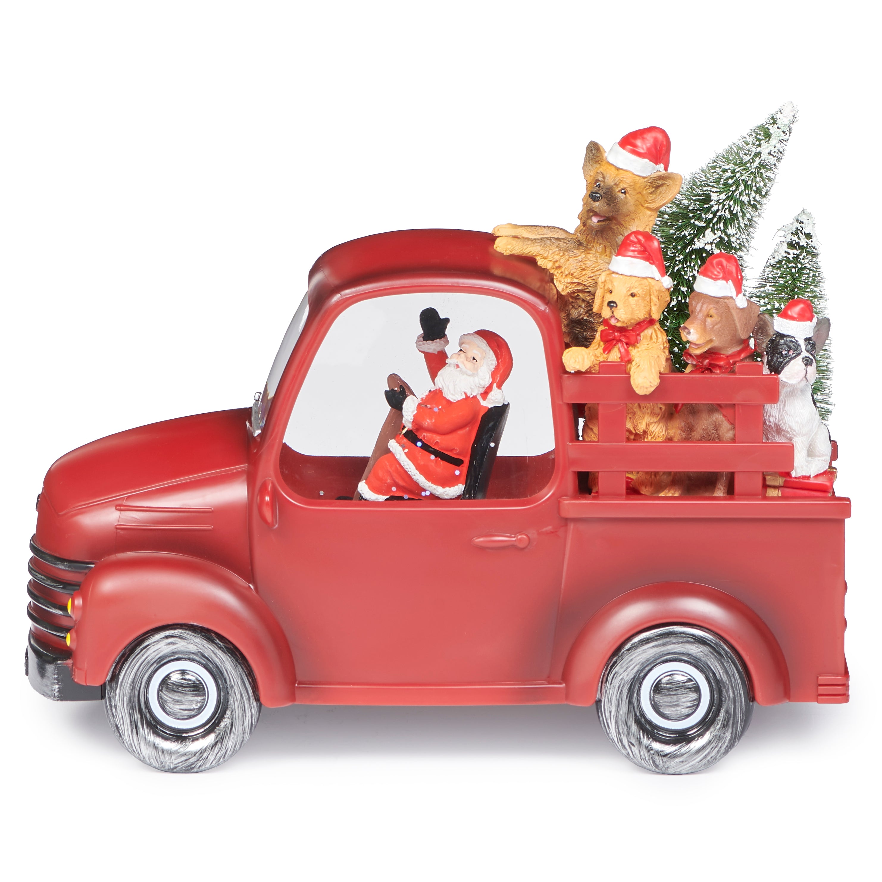 Decorative Christmas scene with Santa Claus in a red truck, surrounded by festive animals.