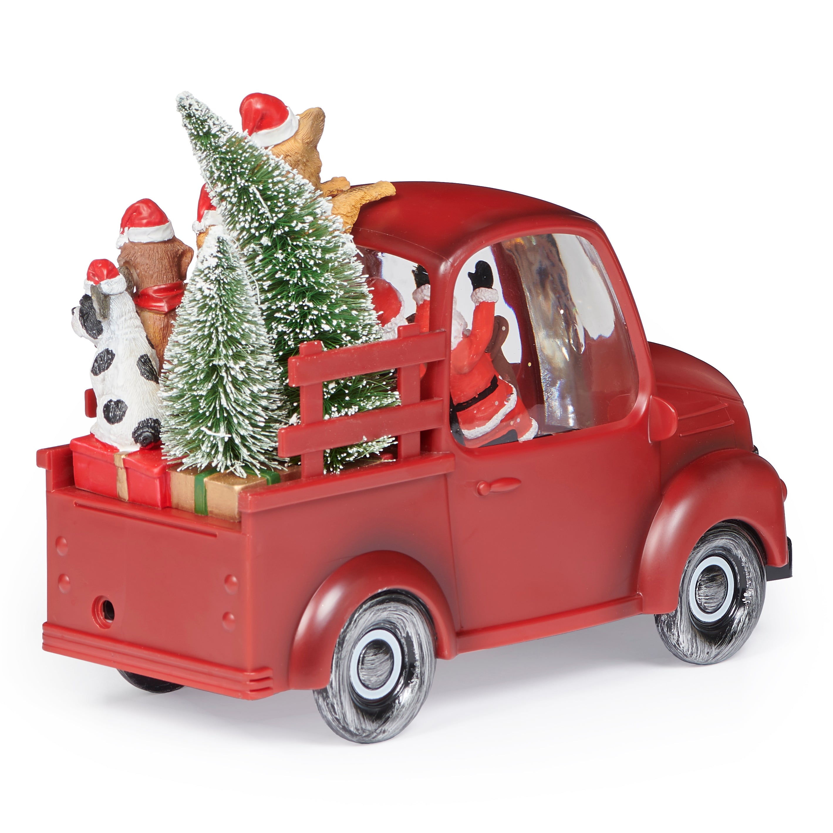 Decorative Christmas scene with Santa Claus in a red truck, surrounded by festive animals.
