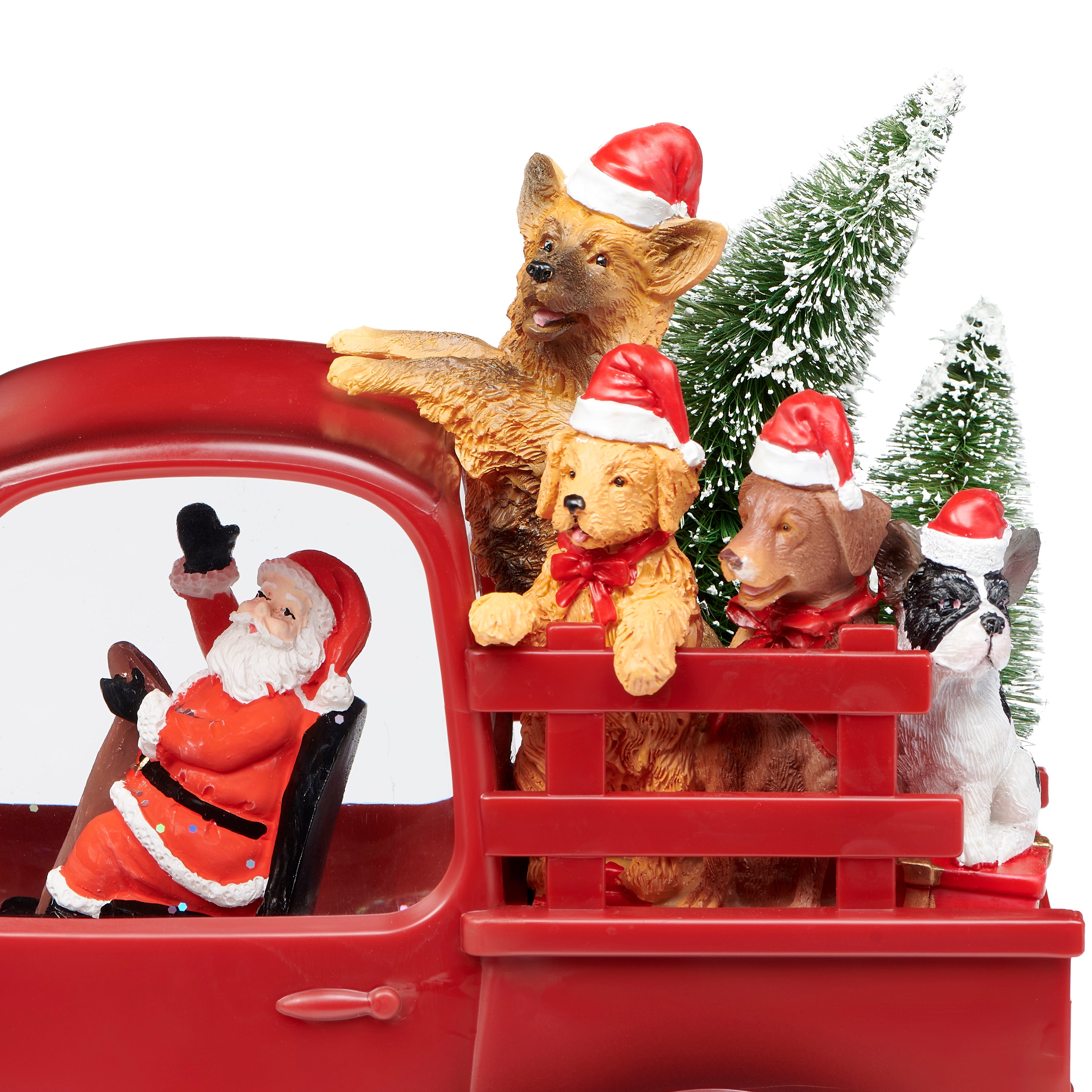 Decorative Christmas scene with Santa Claus in a red truck, surrounded by festive animals.