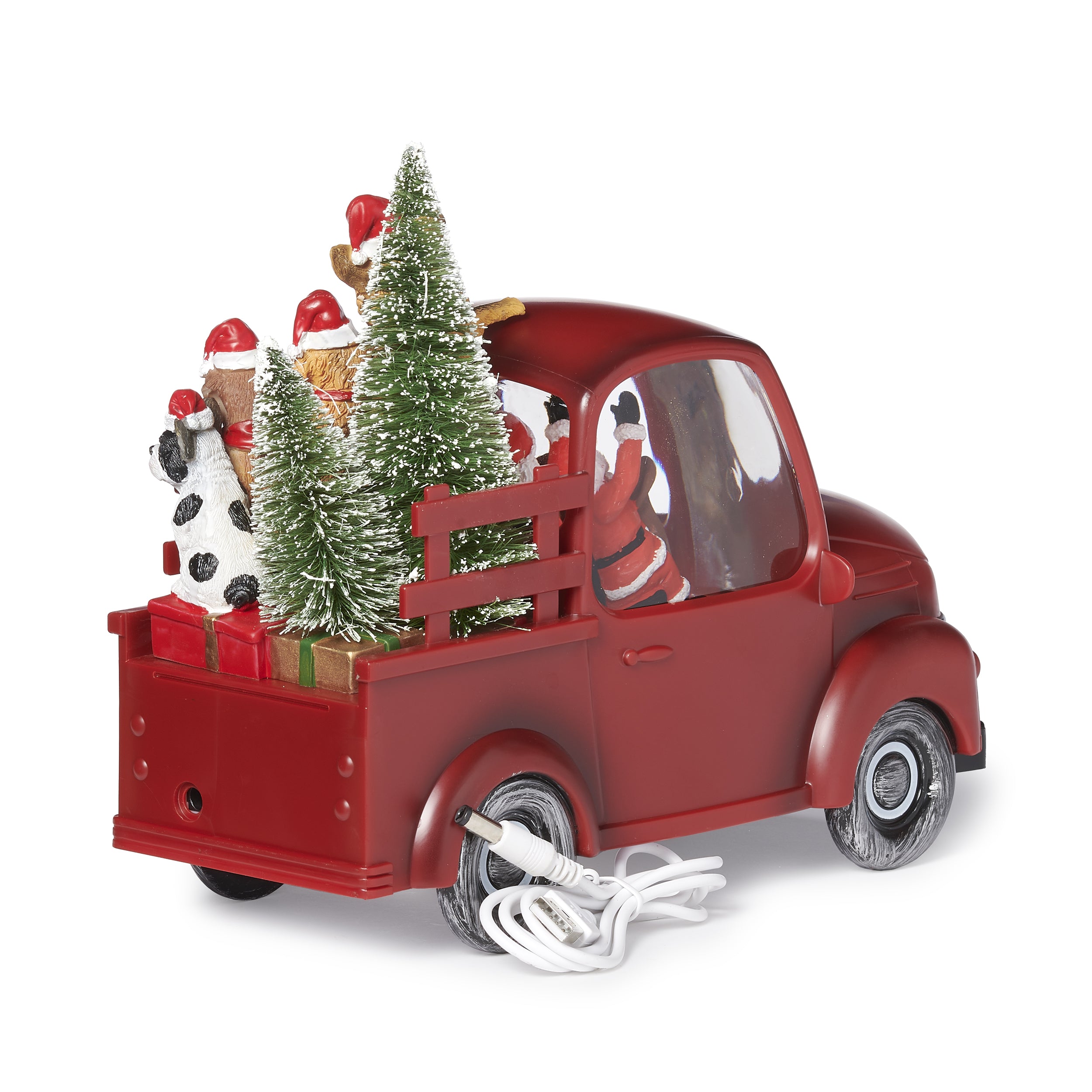 Red toy truck with Christmas decorations on a white background