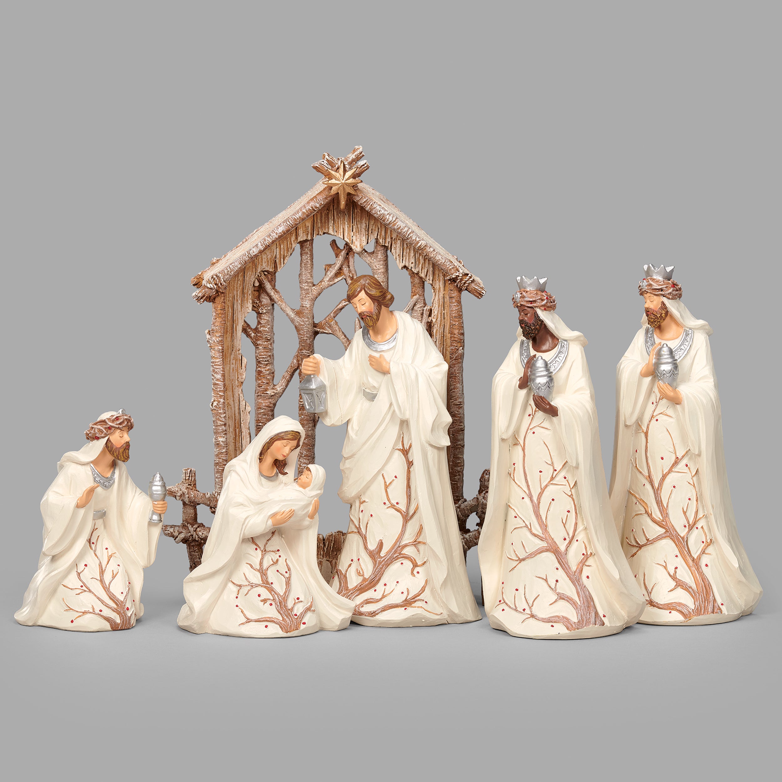 Ivory Berry Branch 6-PC Nativity Set with Backdrop