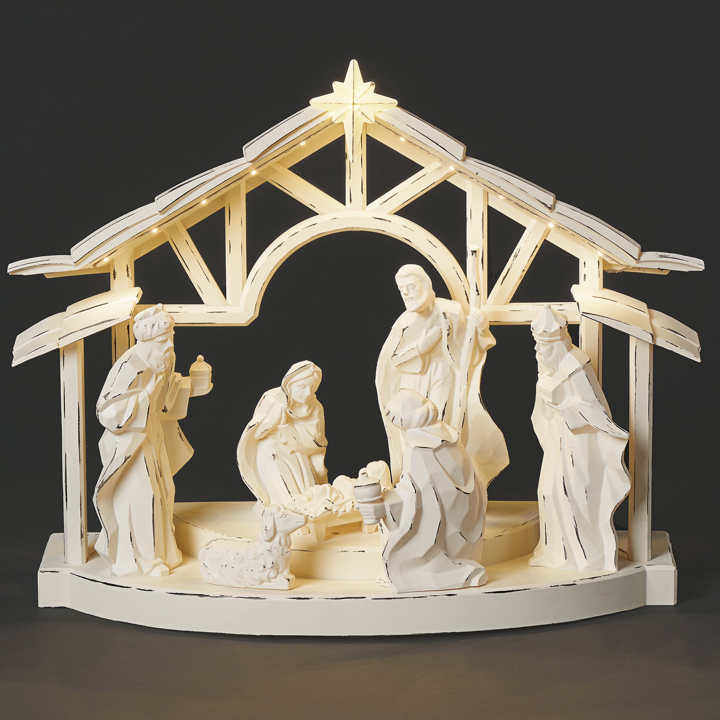 Lighted White Nativity Scene with Open Air Stable