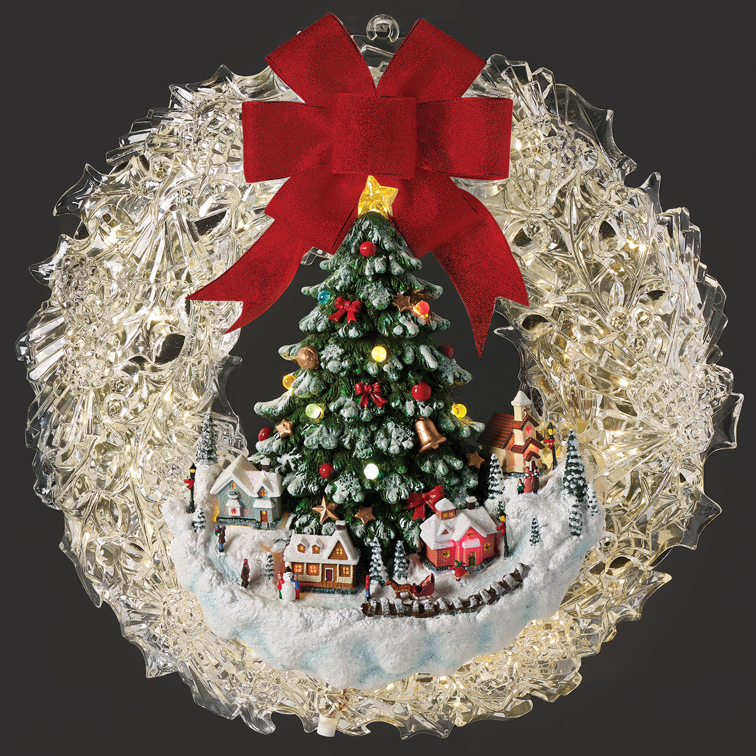 Lighted Wreath with Tree and Christmas Village