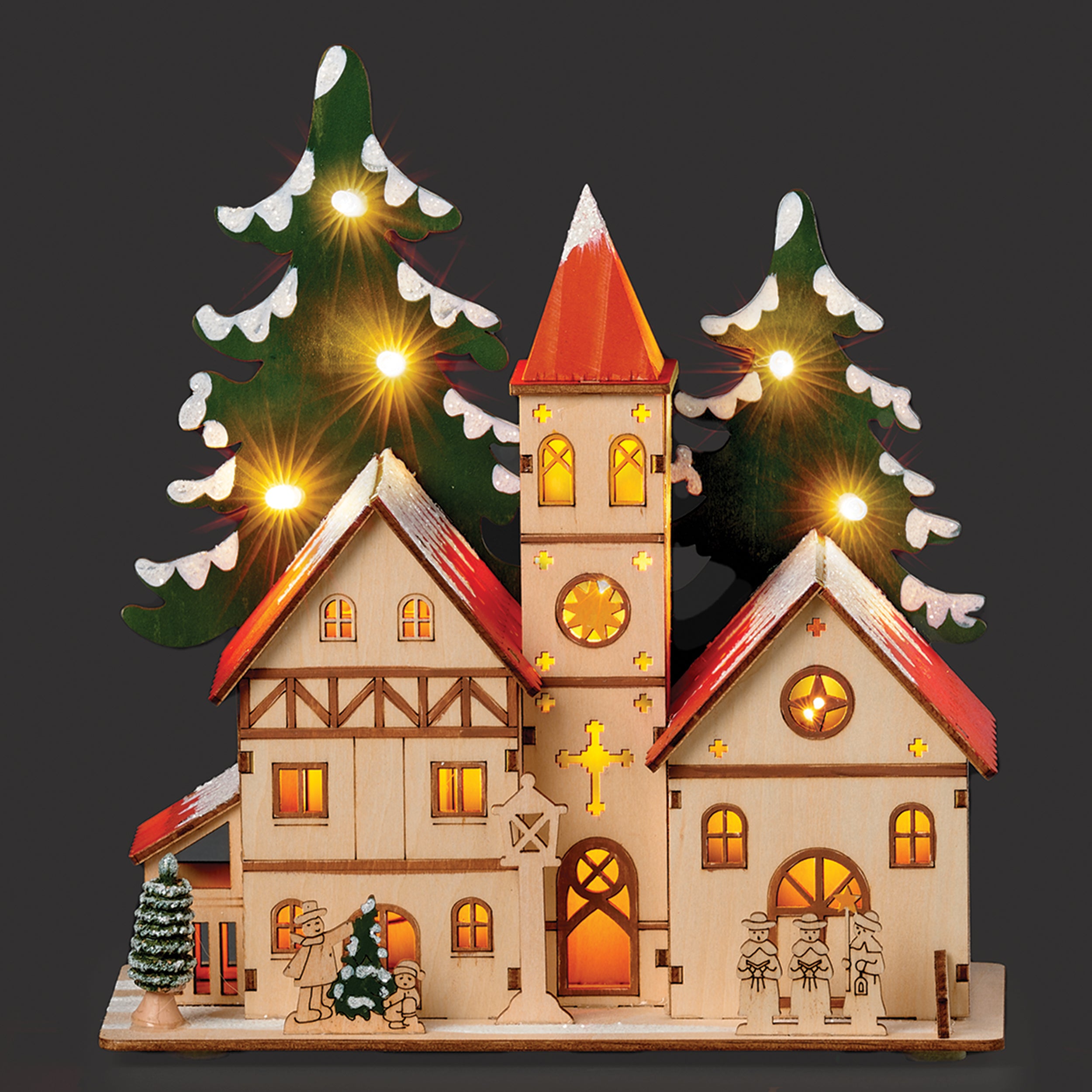 Lighted Wooden Church with Tree & Carolers