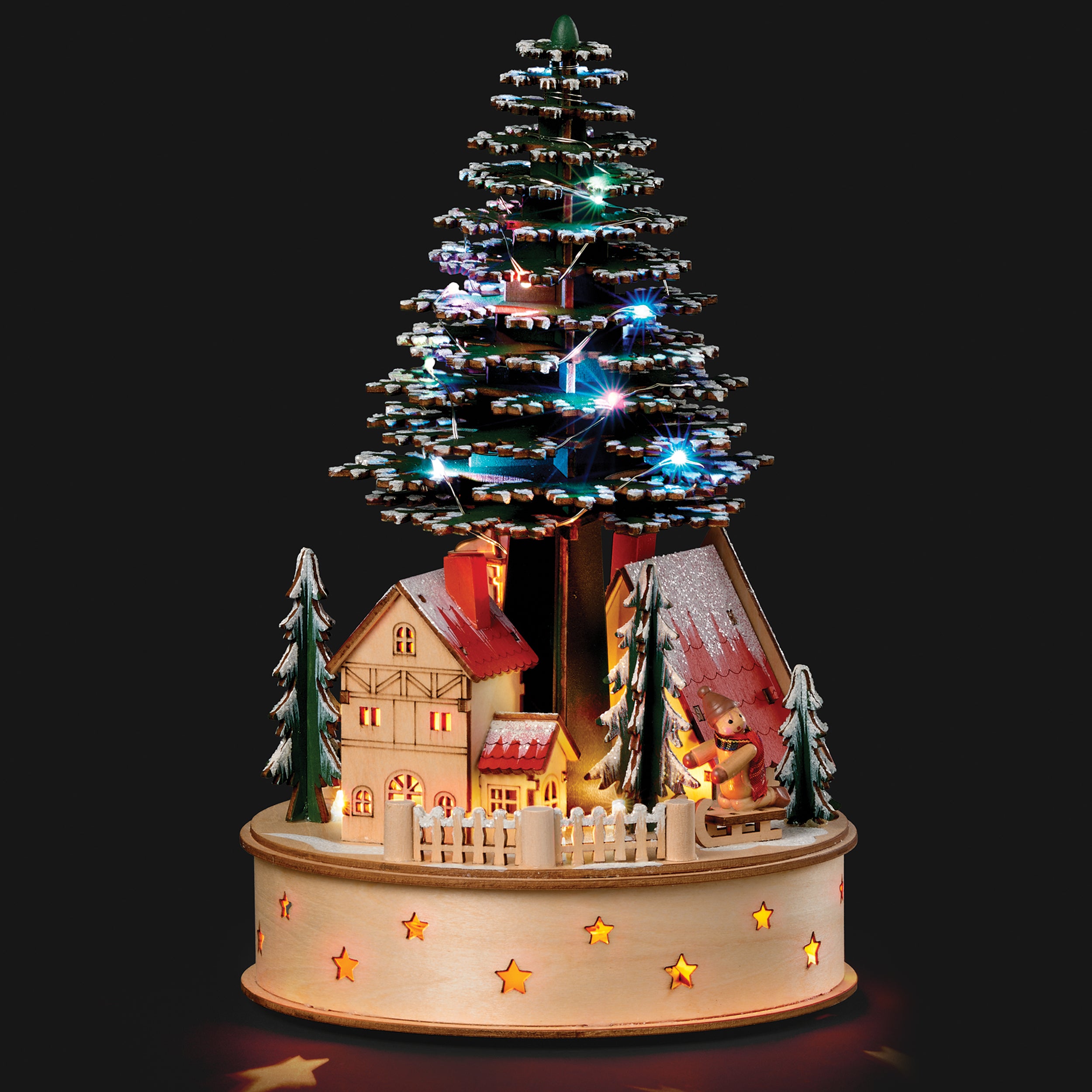 Lighted Wooden Town Center Scene with Christmas Tree