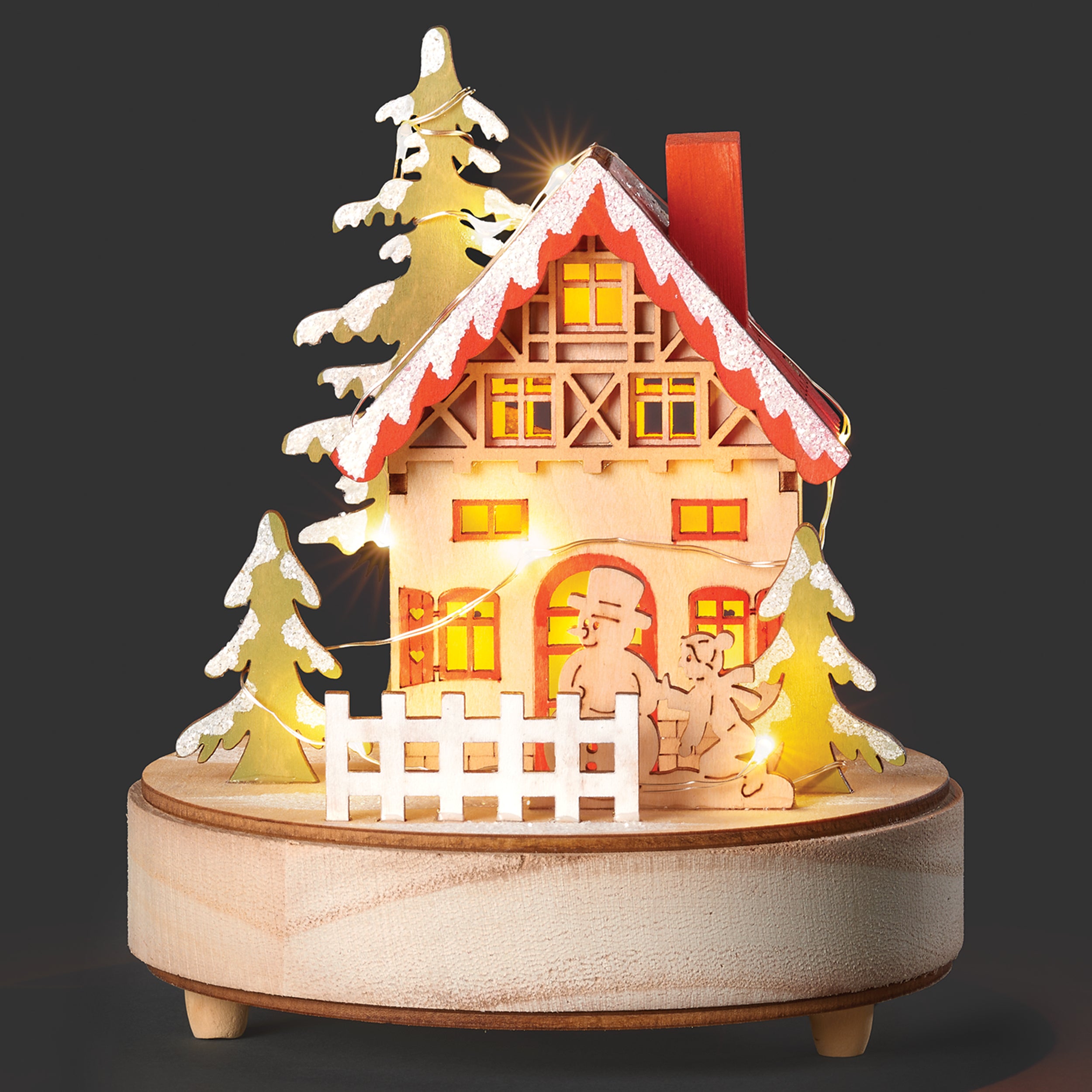 Lighted Musical Wooden House with Snowman