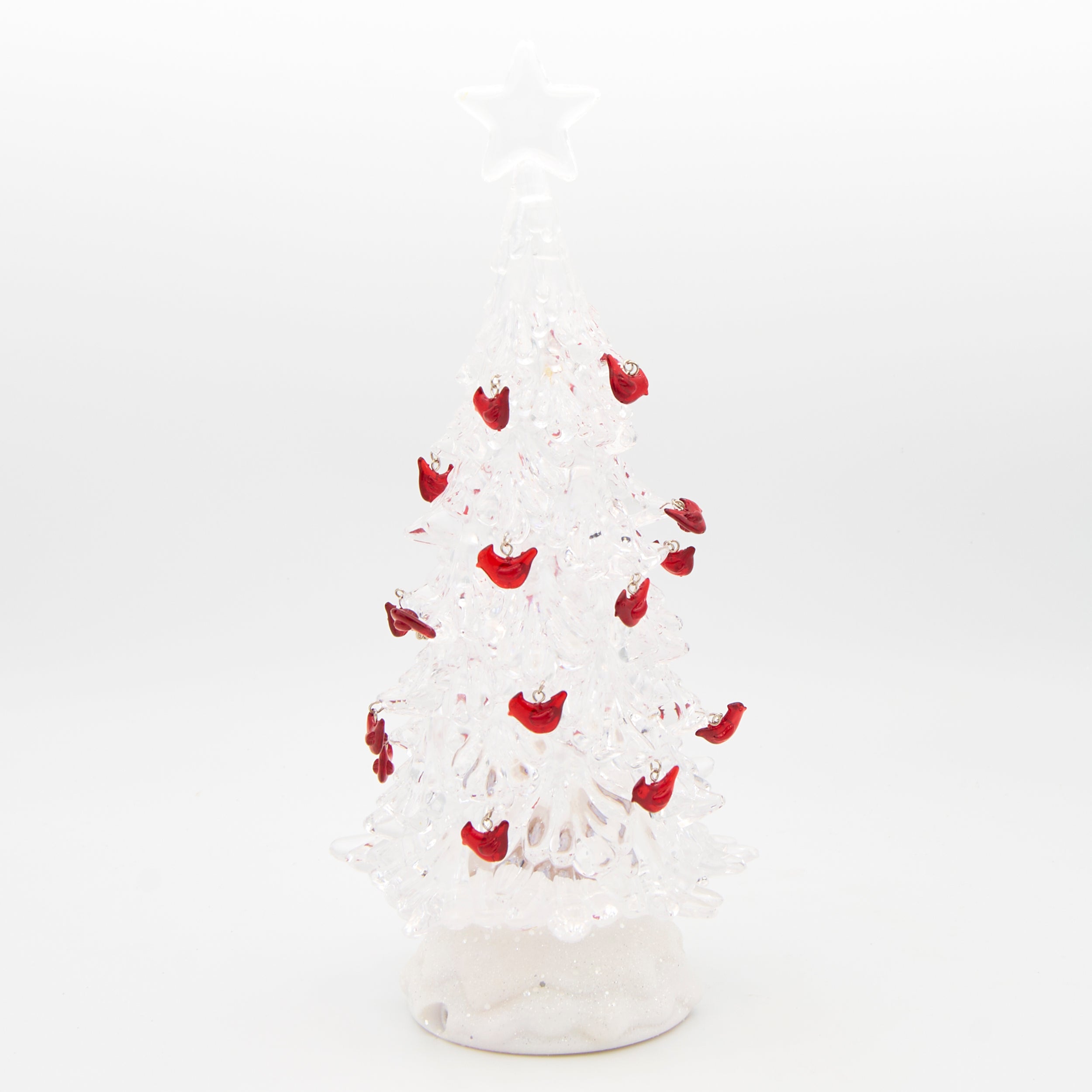 Clear Lighted Tree with Cardinal Ornaments