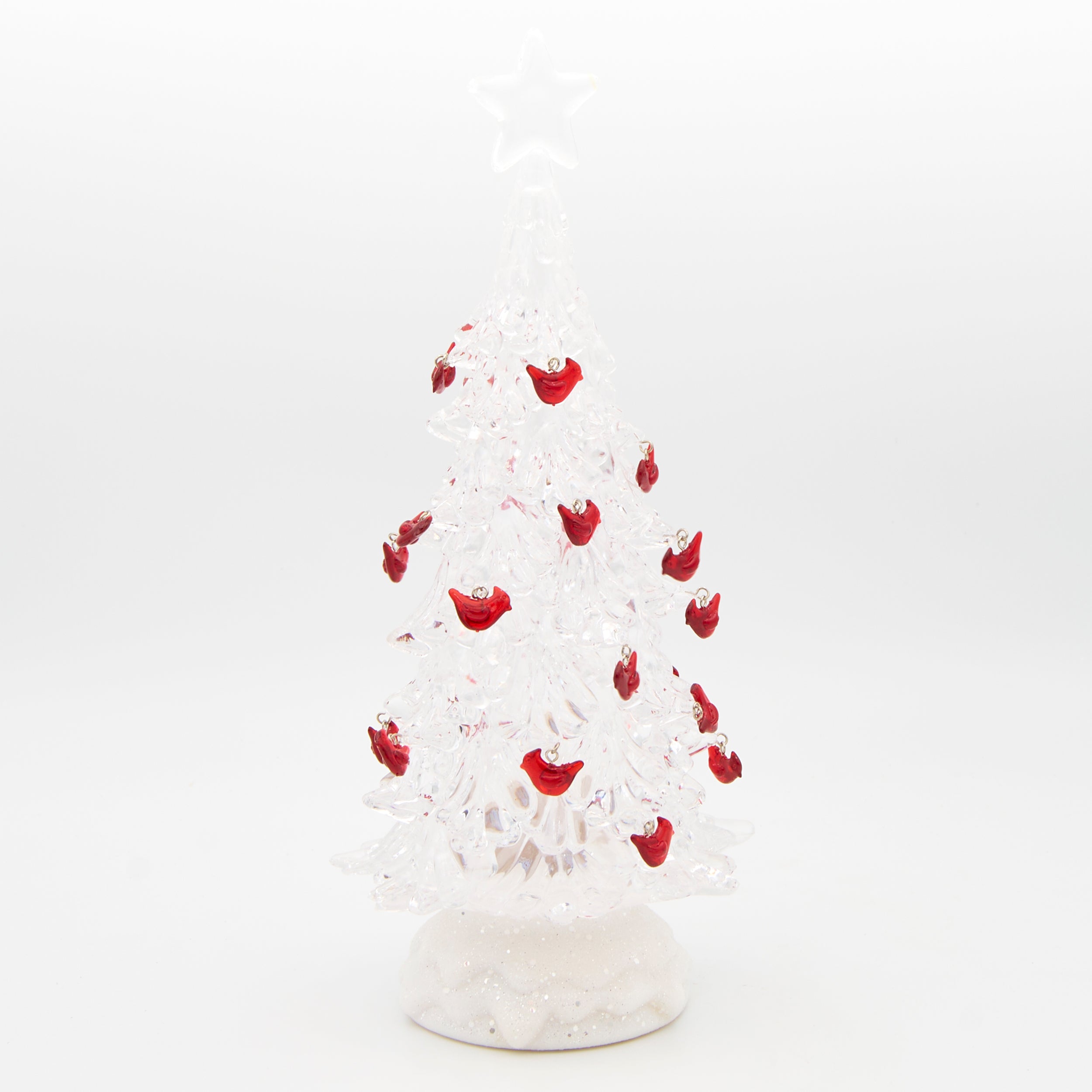 Clear Lighted Tree with Cardinal Ornaments