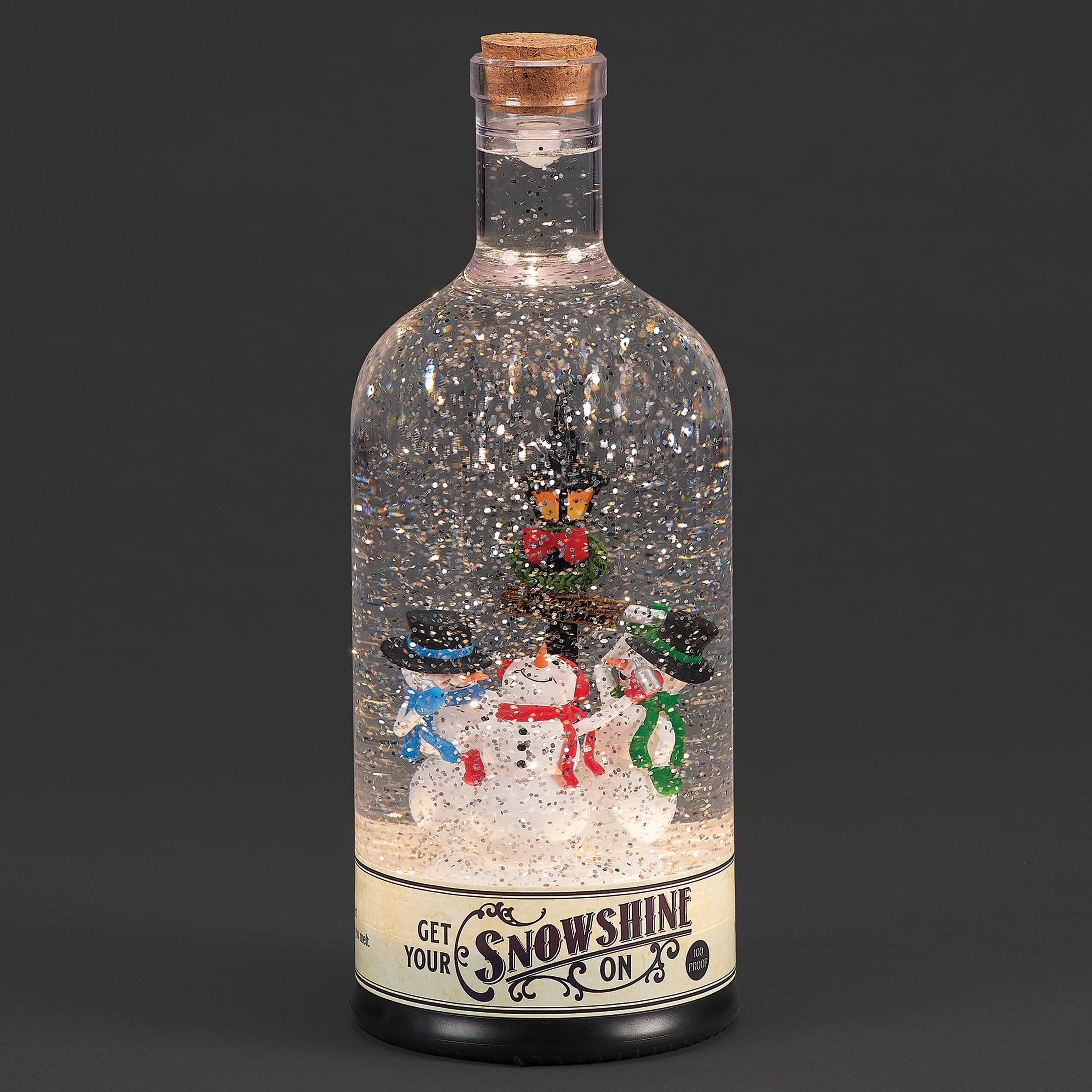 Confetti Lites Lighted Swirl “Snowshine” Bottle with Playful Snowmen