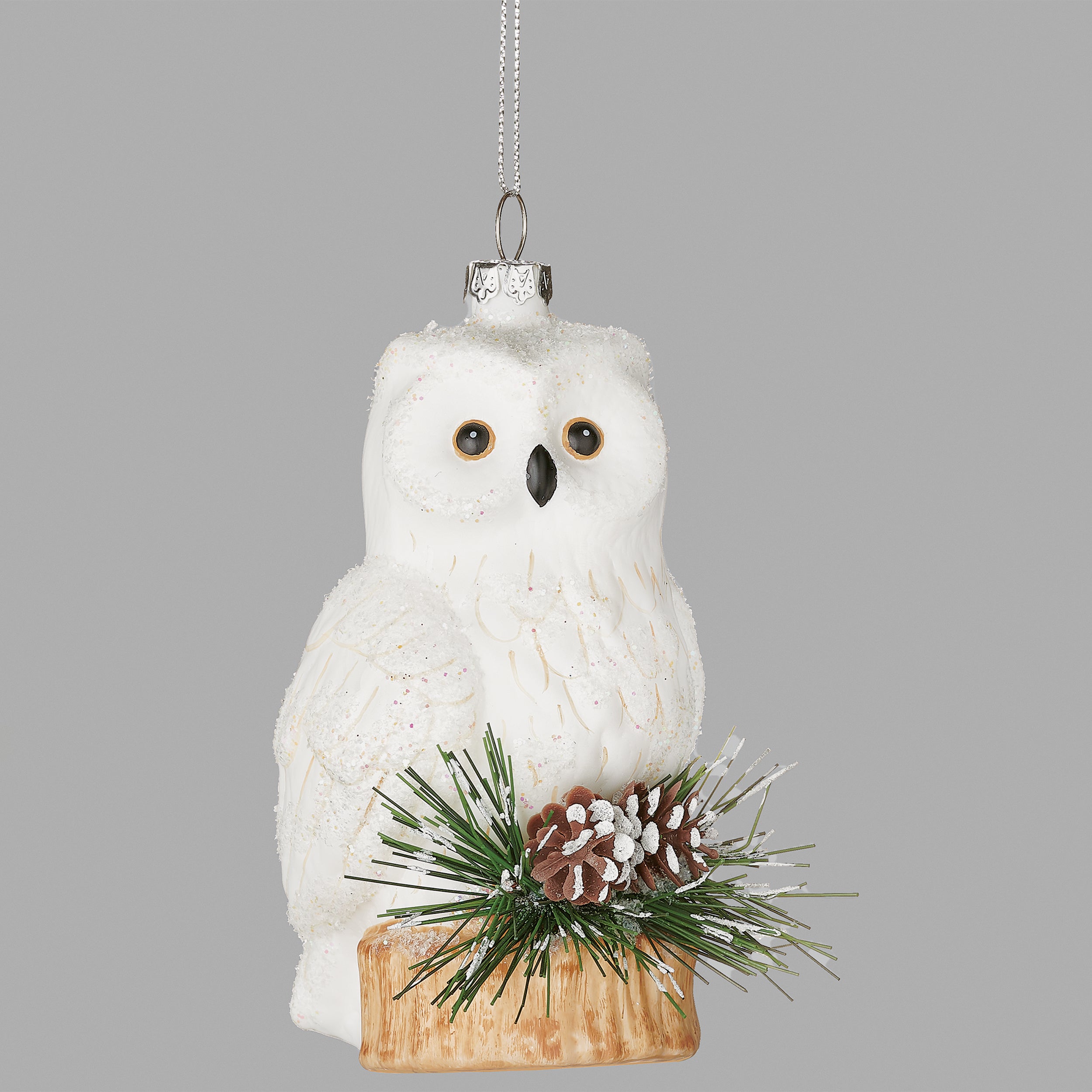 Glass Owl Ornament with Pine Sprig