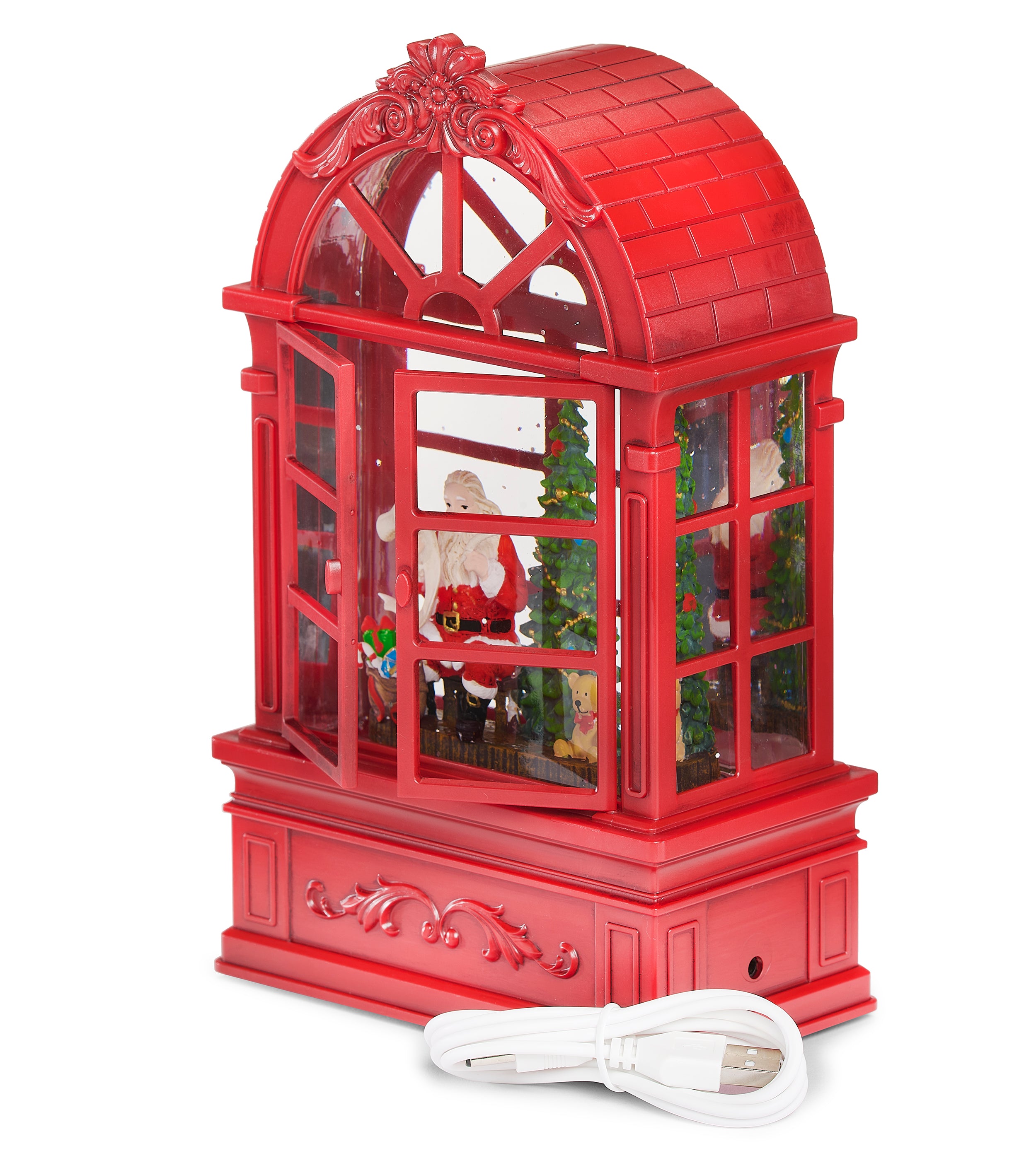 Decorative Christmas scene with Santa Claus and tree inside a red window frame on a white background with power cord.