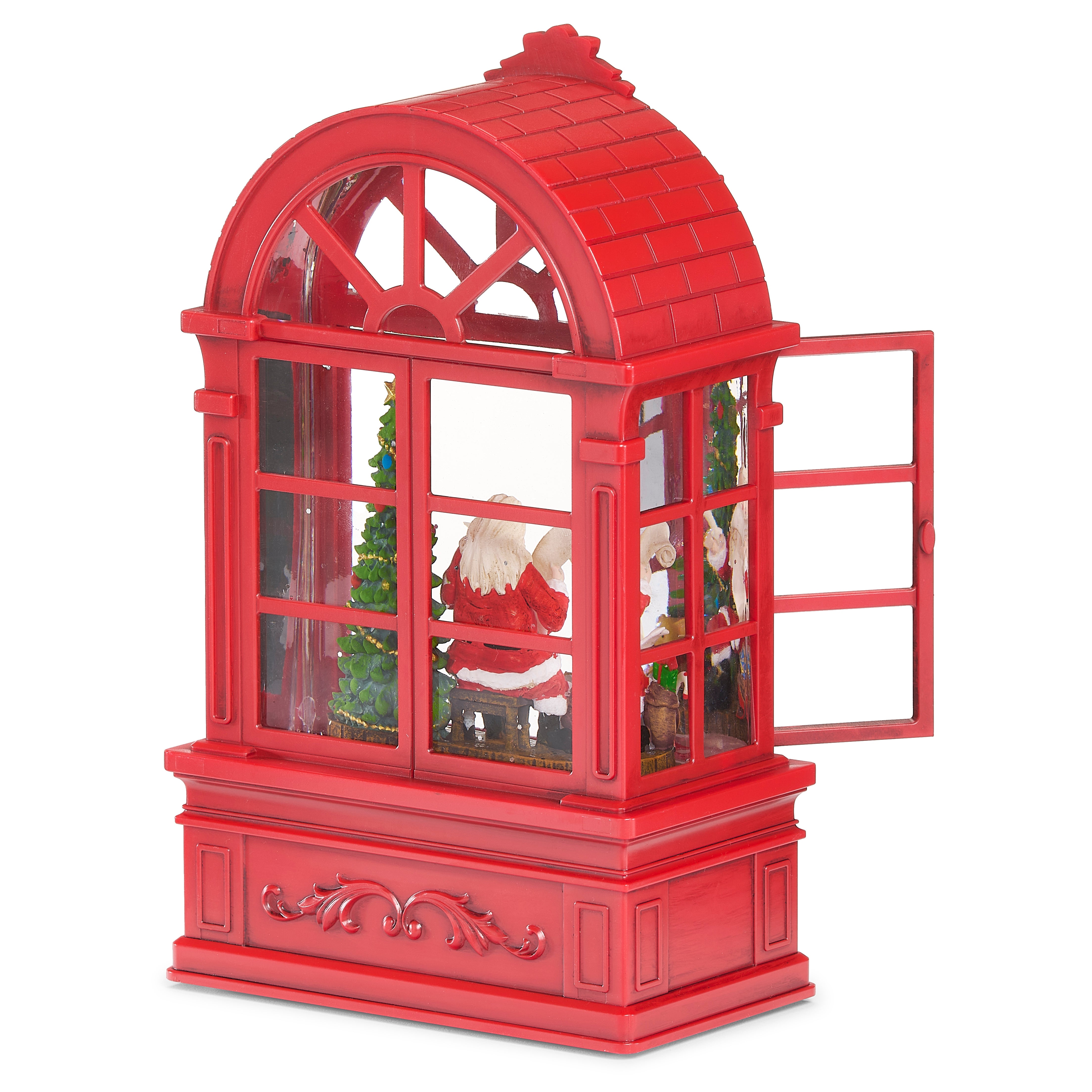 Back view of red window frame with Christmas scene inside