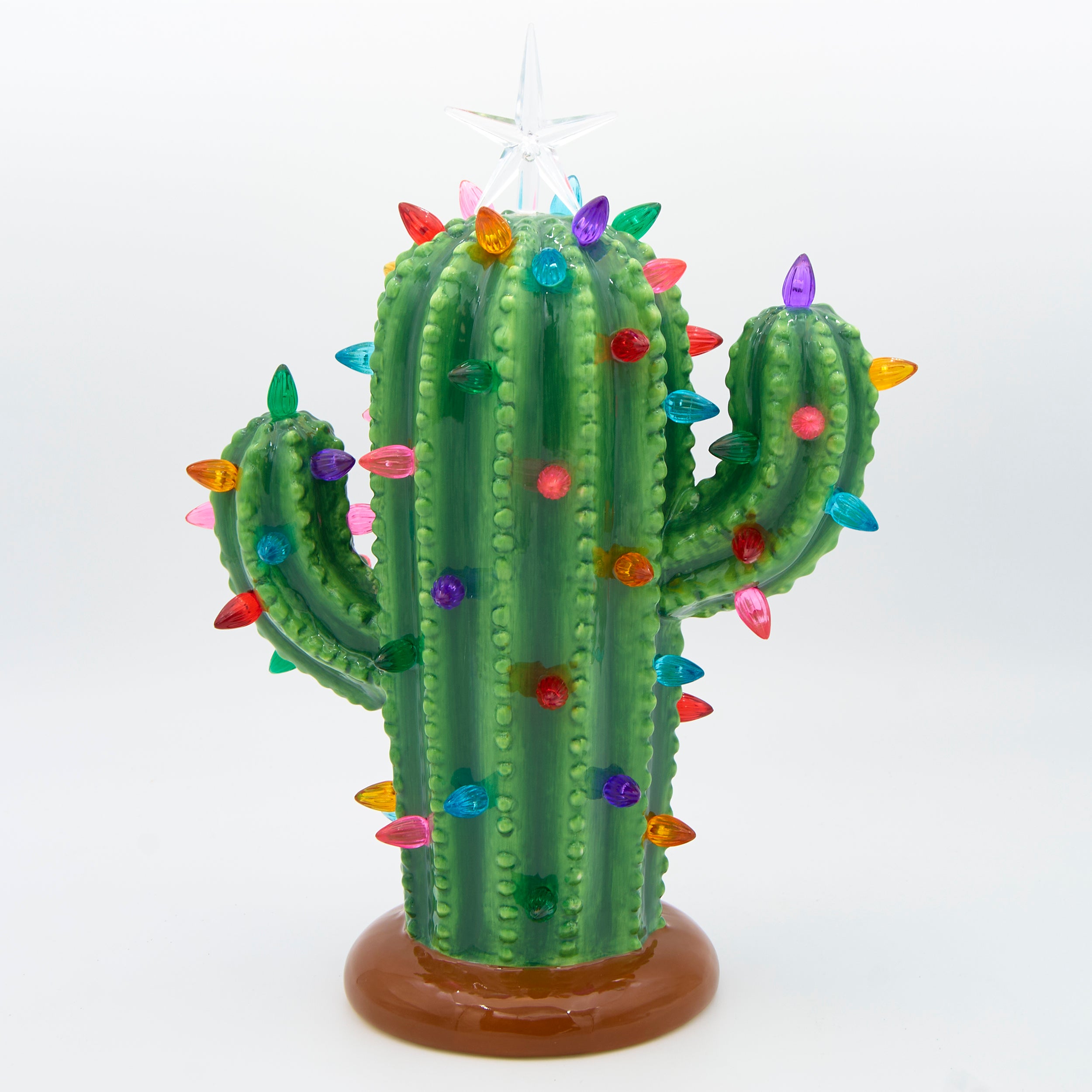 Decorative cactus with colorful lights and a star on top