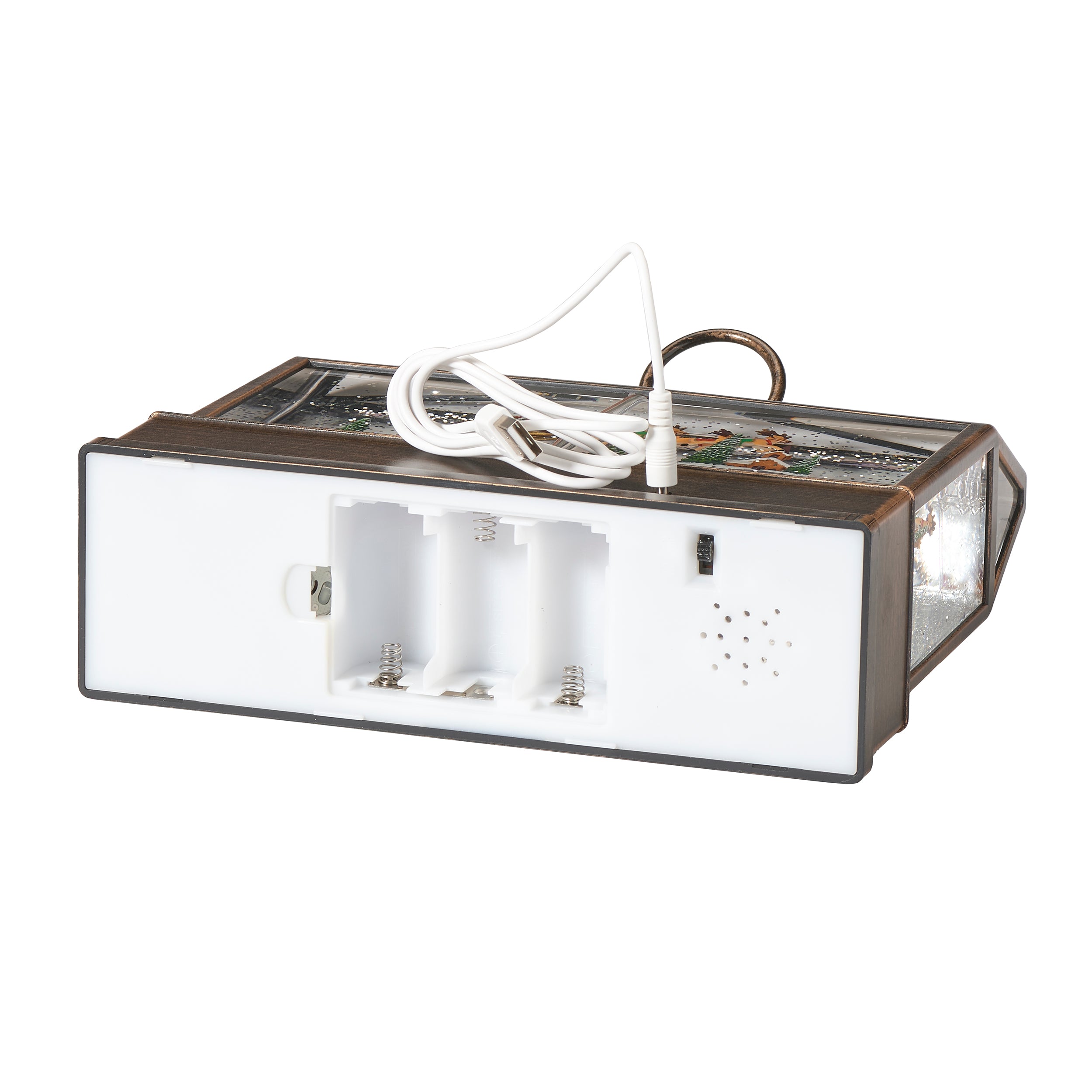 Bottom view of product with battery compartment on white background
