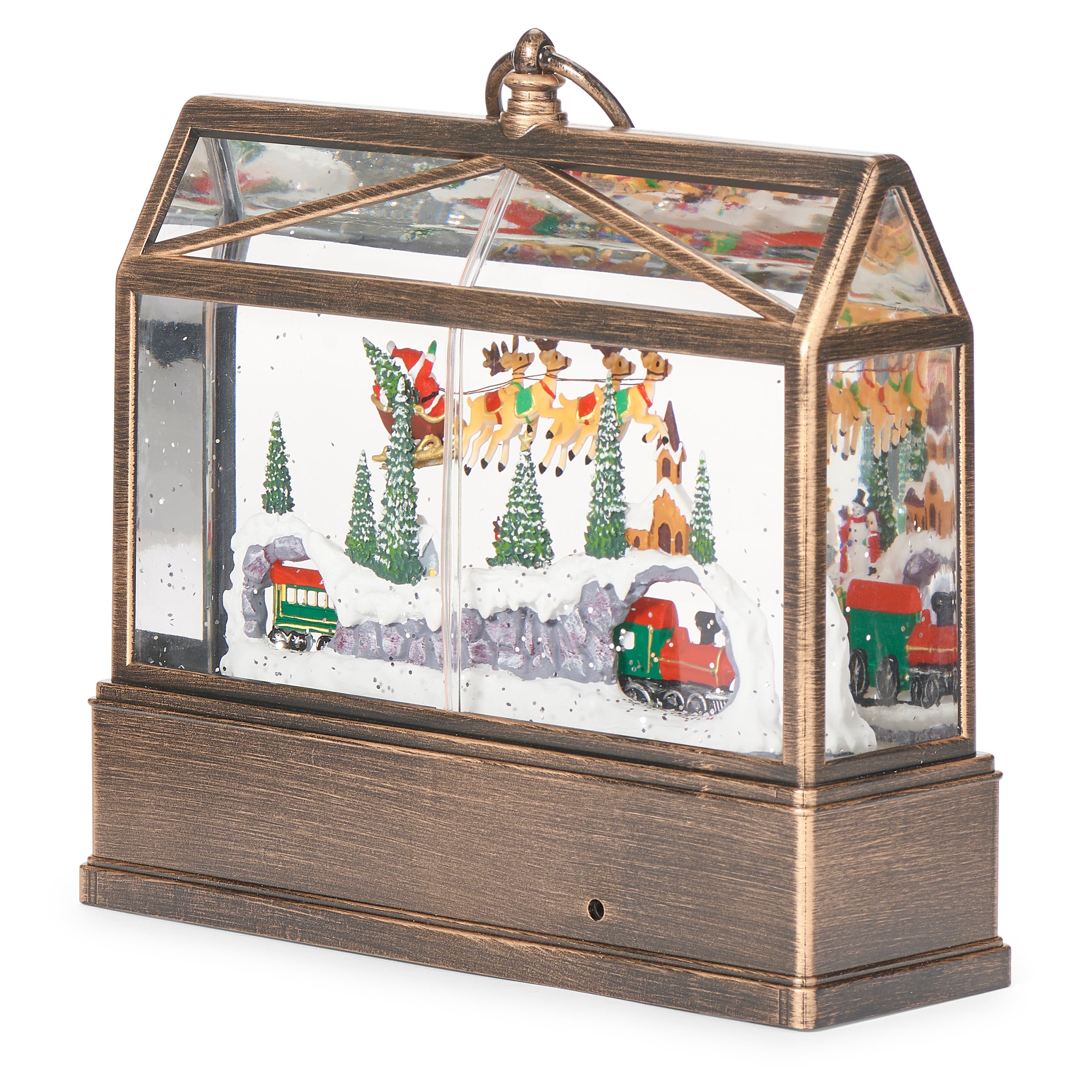 Decorative snow globe with a train and Christmas scene inside, on a white background.