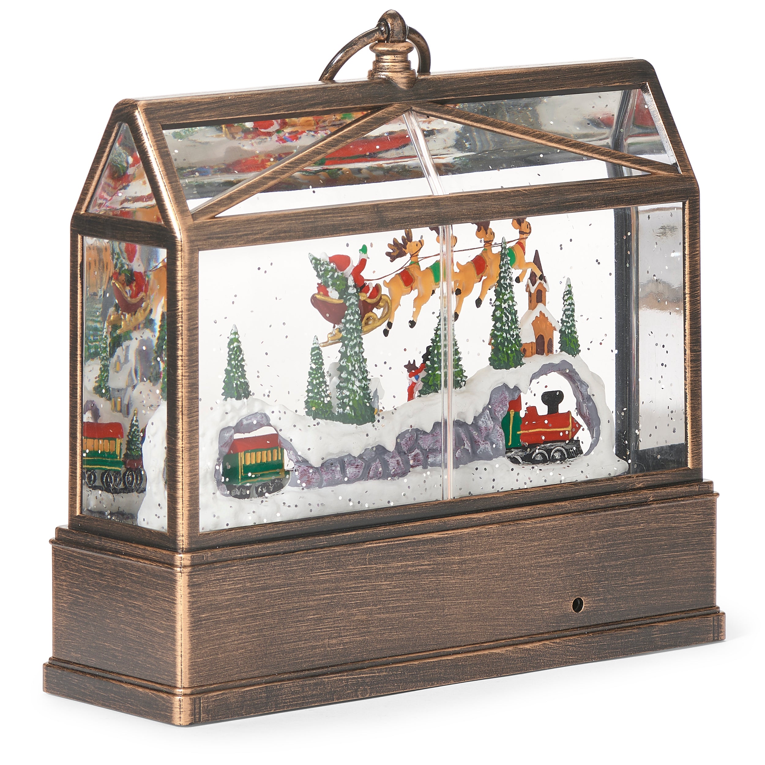 Decorative snow globe with Santa Claus, reindeer, and a train inside a glass case.