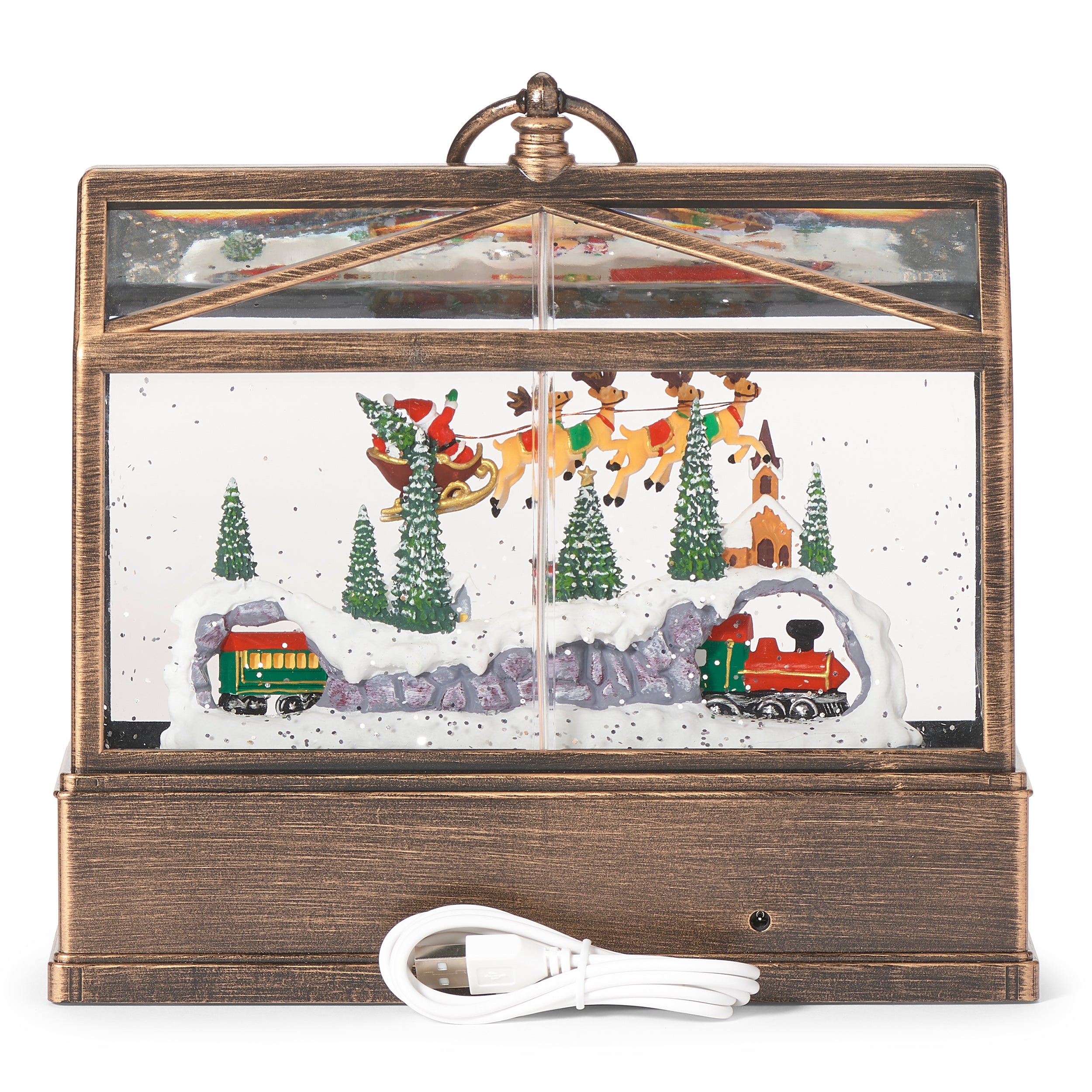 Decorative snow scene with Santa Claus, reindeer, and a train in a glass-like case with wood-like frame.