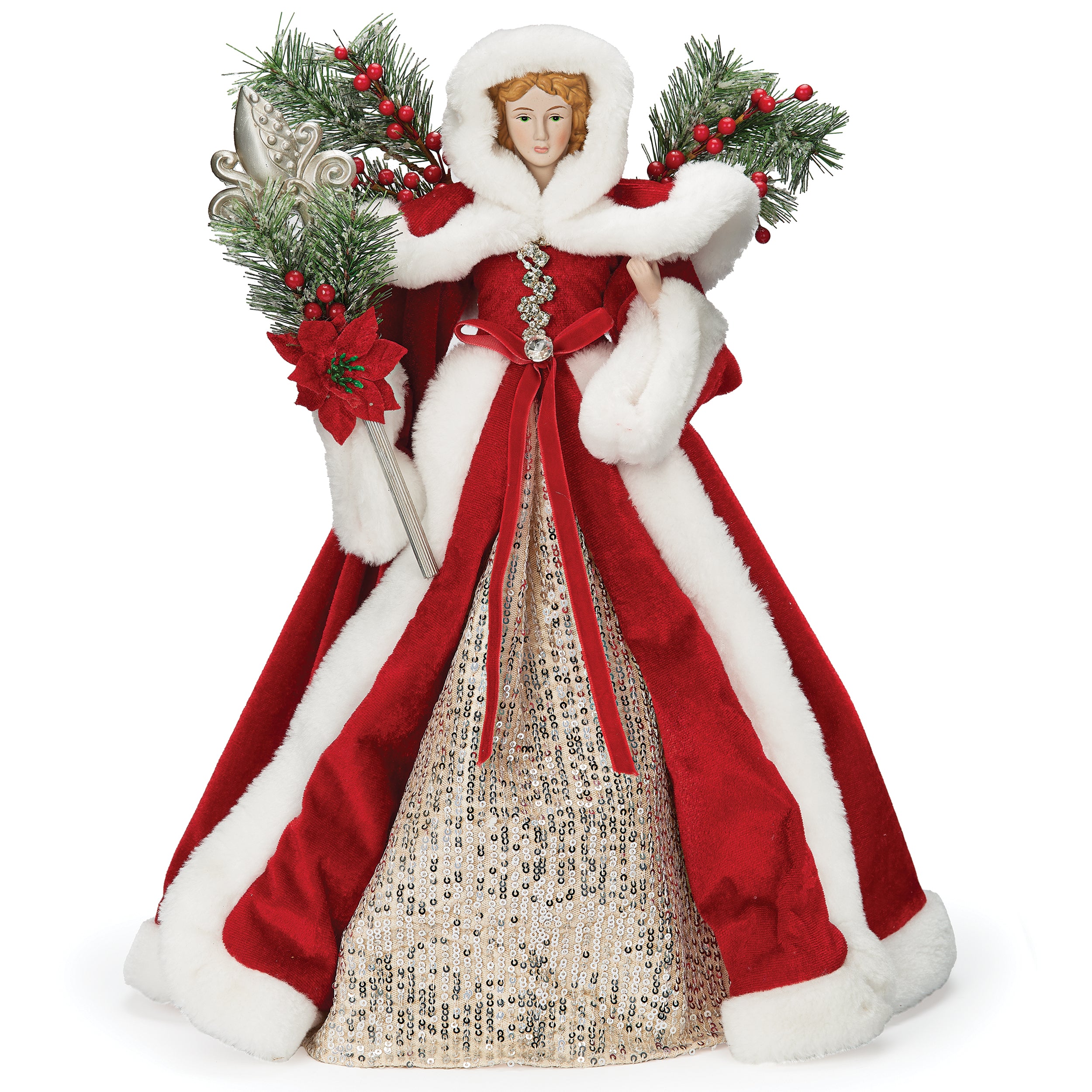 Red Angel Treetopper with Snow-Covered Greenery