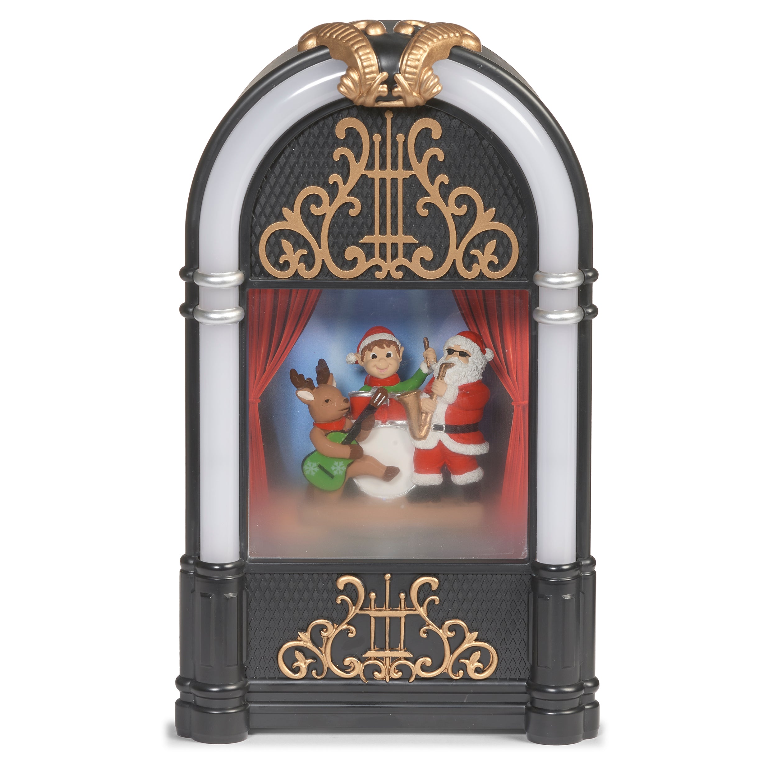 Decorative Christmas scene with Santa and reindeer inside a black and gold arch on a white background