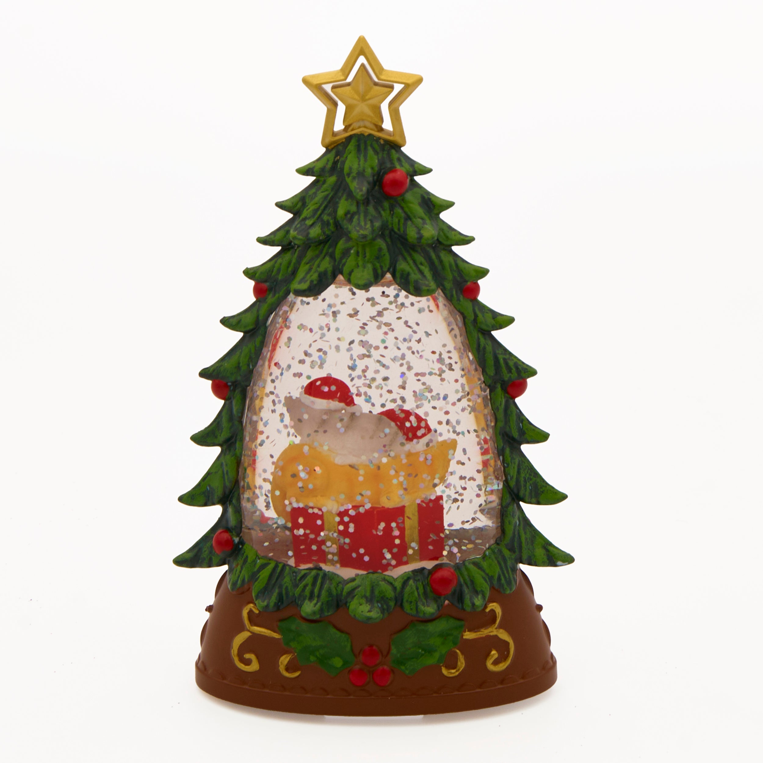 Lighted Christmas Tree with Cats Sleeping on Gifts - Shimmering Merry Lites