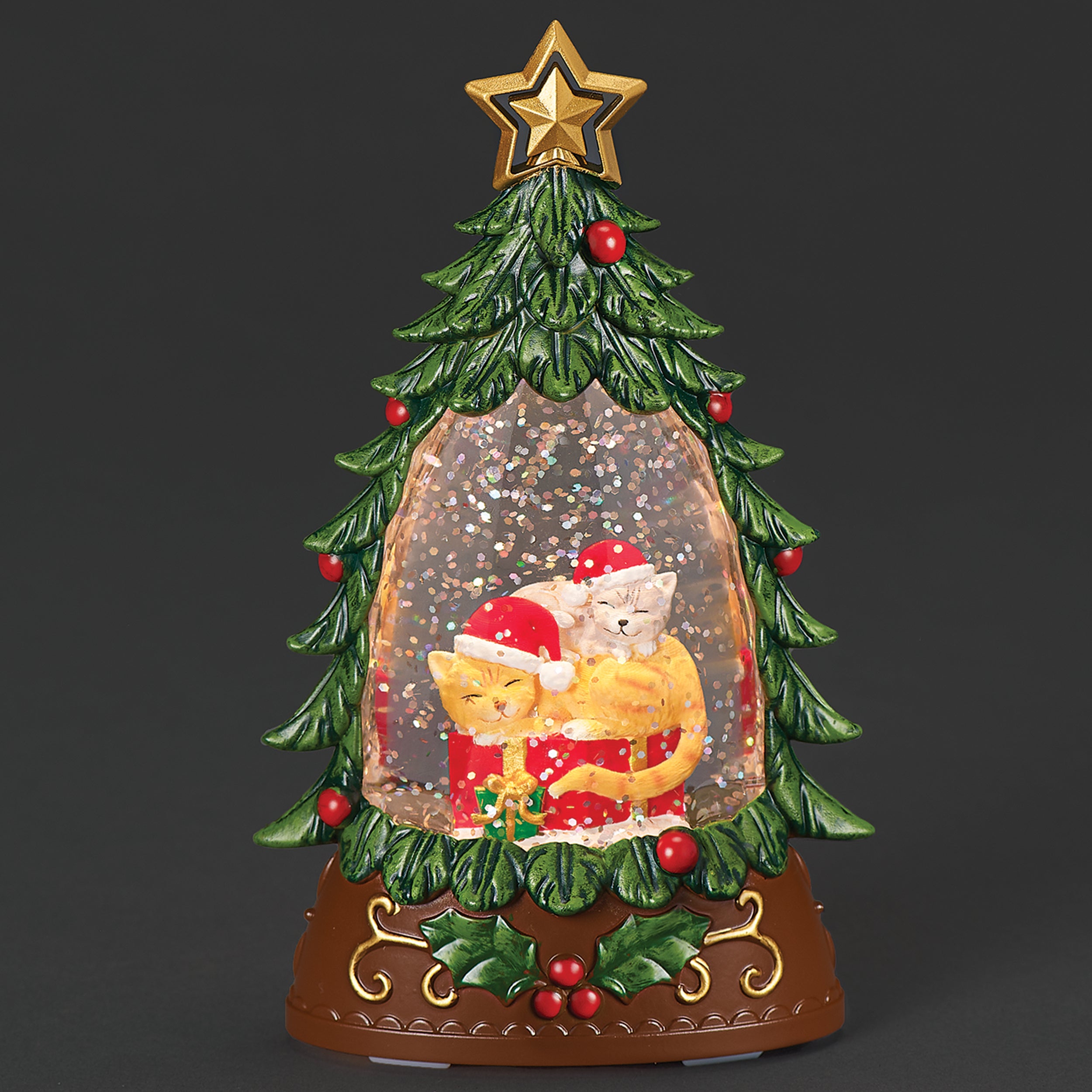 Lighted Christmas Tree with Cats Sleeping on Gifts - Shimmering Merry Lites